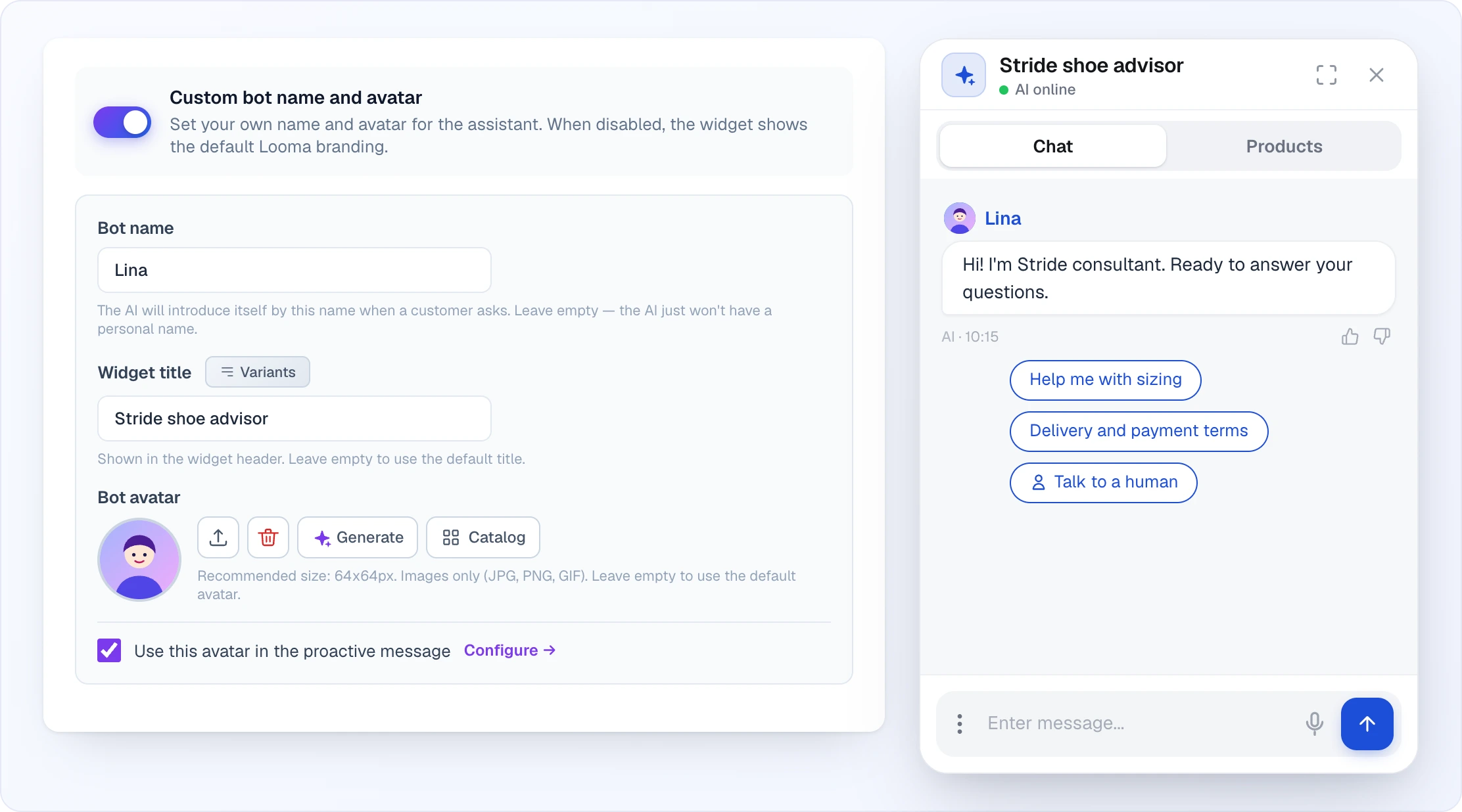 On the left the "Custom bot name and avatar" toggle turned on and the panel below it: "Bot name" — Lina, "Widget title" with the "Variants" button — "Stride shoe advisor", "Bot avatar" with an illustrated avatar and the Upload, Remove, Generate and Catalog buttons, and the "Use this avatar in the proactive message" checkbox with the "Configure →" link. On the right the widget with this branding: the header reads "Stride shoe advisor", the greeting is signed "Lina" with her avatar, below it quick-command buttons and "Talk to a human"; there is no "Powered by Looma" line