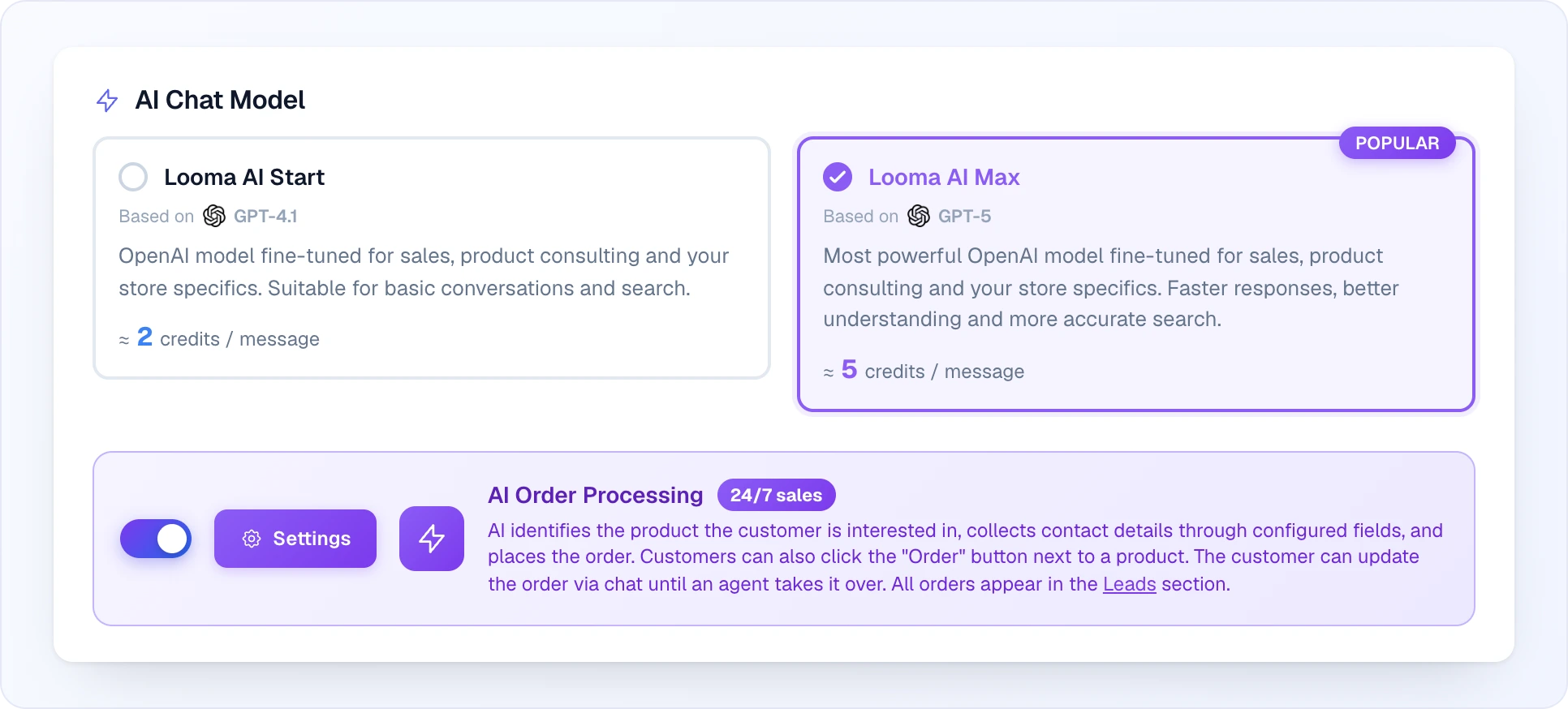 The "AI Chat Model" section: two cards — "Looma AI Start" (based on GPT-4.1, ≈ 2 credits / message) and the selected "Looma AI Max" with the "Popular" badge (based on GPT-5, ≈ 5 credits / message), each with a short description; below them the "AI Order Processing" block with its switch, the "Settings" button and the "24/7 sales" badge