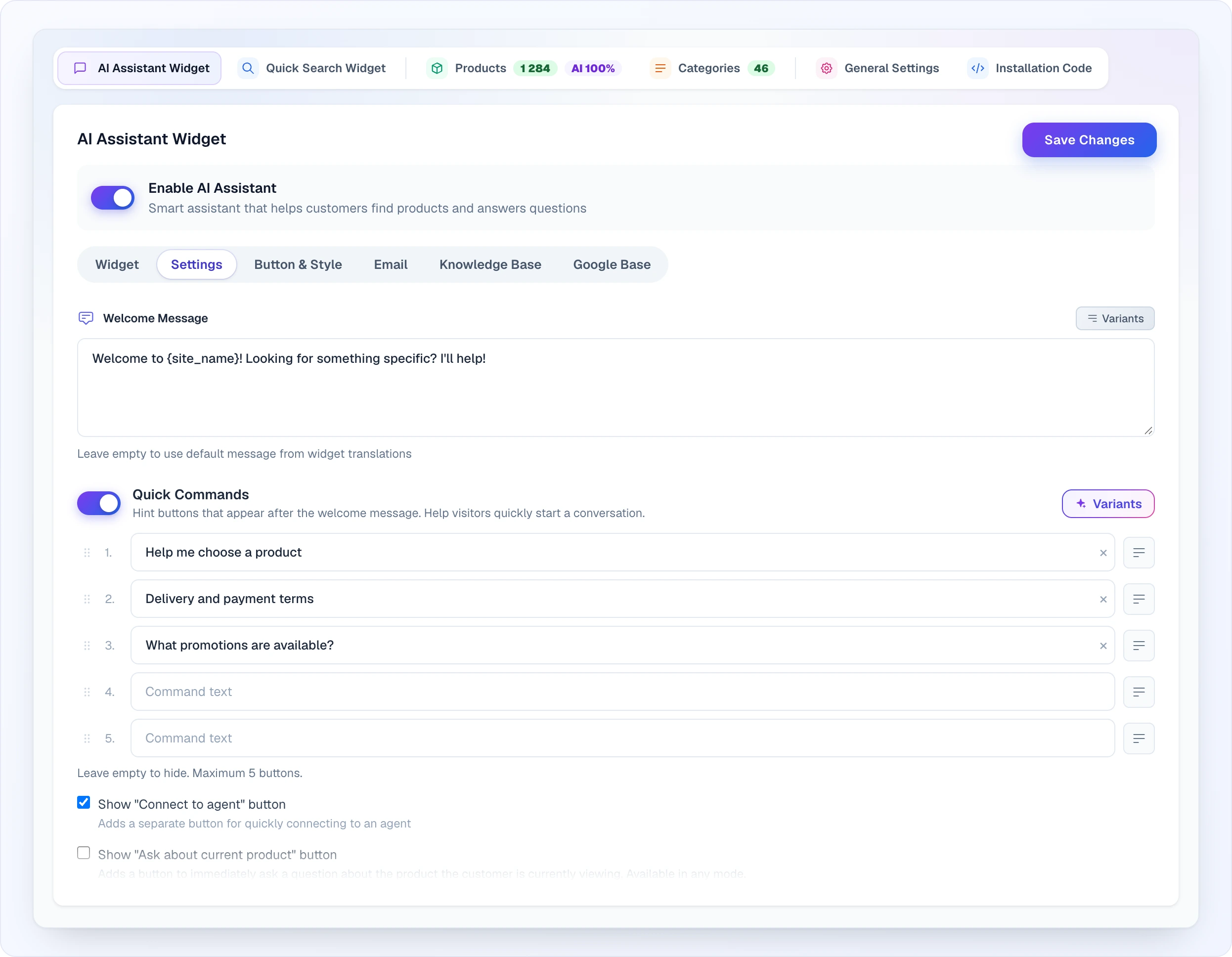 The "AI Assistant Widget" page: on top the site tabs (AI Assistant Widget, Quick Search Widget, Products with a product counter and "AI 100%", Categories, General Settings, Installation Code); below the "Enable AI Assistant" switch, the sub-tabs Widget / Settings / Button & Style / Email / Knowledge Base / Google Base with "Settings" open, and the "Save Changes" button; the Welcome Message field with the "Variants" button and the Quick Commands block — five numbered slots (three filled from presets, two empty), a "Variants" button for each slot, and the "Show "Connect to operator" button" and "Show "Ask about current product" button" checkboxes