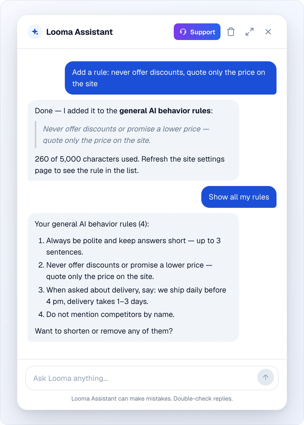 The Looma Assistant window: the owner writes "Add a rule: never offer discounts, quote only the price on the site", the assistant replies that it added the rule to the general AI behavior rules, quotes the wording and reports the character usage with a reminder to refresh the site settings page; then the owner asks "Show all my rules" and gets a numbered list of four rules with the question whether to shorten or remove any of them