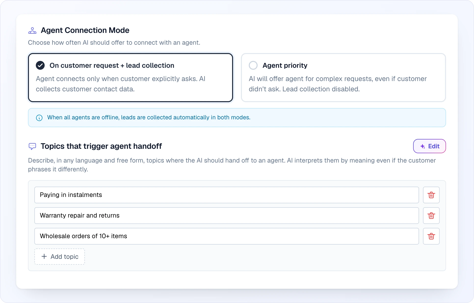The "Operator Connection Mode" section with the description "Choose how often AI should offer to connect with an operator." and two cards — the selected "On customer request + lead collection" and "Operator priority" — and the note "When all operators are offline, leads are collected automatically in both modes."; below, the "Topics that trigger operator handoff" block with the "Edit" button, its description and three topics: paying in instalments, warranty repair and returns, wholesale orders of 10+ items, plus the "Add topic" button