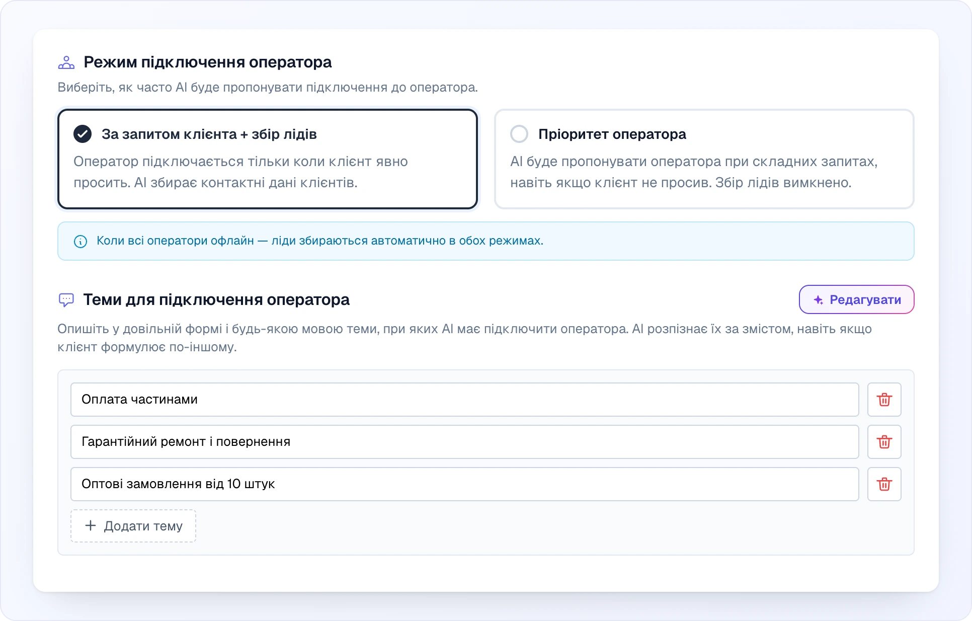 Розділ «Режим підключення оператора» з описом «Виберіть, як часто AI буде пропонувати підключення до оператора.» і двома картками — обраною «За запитом клієнта + збір лідів» і «Пріоритет оператора» — та приміткою «Коли всі оператори офлайн — ліди збираються автоматично в обох режимах.»; нижче блок «Теми для підключення оператора» з кнопкою «Редагувати», описом і трьома темами: оплата частинами, гарантійний ремонт і повернення, оптові замовлення від 10 штук, — та кнопкою «Додати тему»