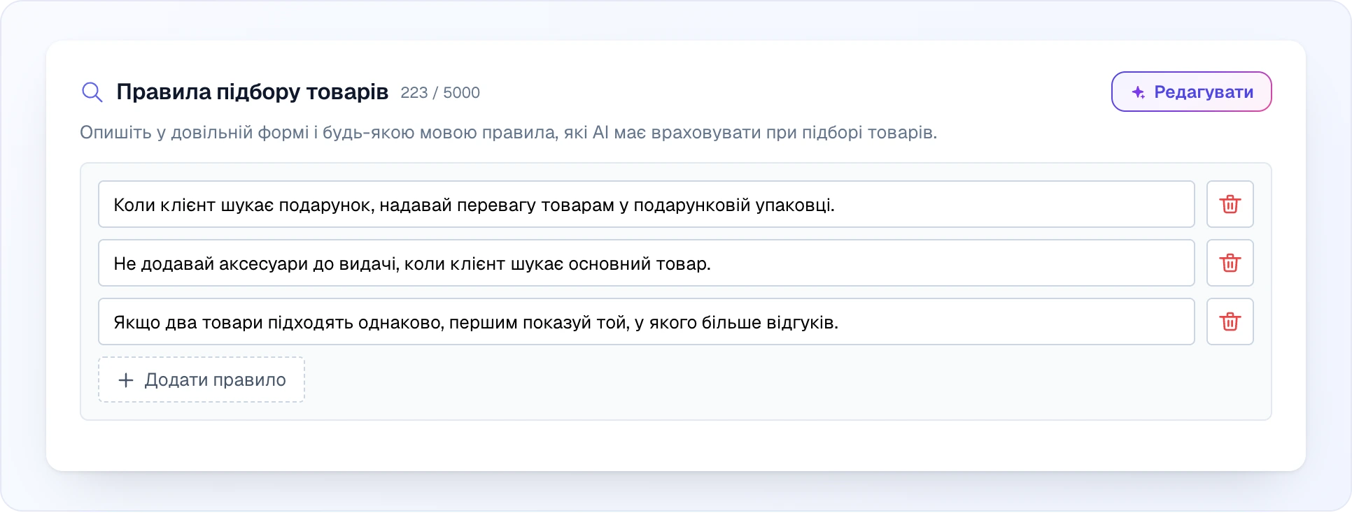 Блок «Правила підбору товарів»: іконка лупи, власний лічильник «… / 5000» і кнопка «Редагувати»; опис «Опишіть у довільній формі і будь-якою мовою правила, які AI має враховувати при підборі товарів.»; три правила — для подарунка надавати перевагу товарам у подарунковій упаковці, не додавати аксесуари, коли шукають основний товар, із двох однаково придатних першим показувати той, у якого більше відгуків, — і кнопка «Додати правило»