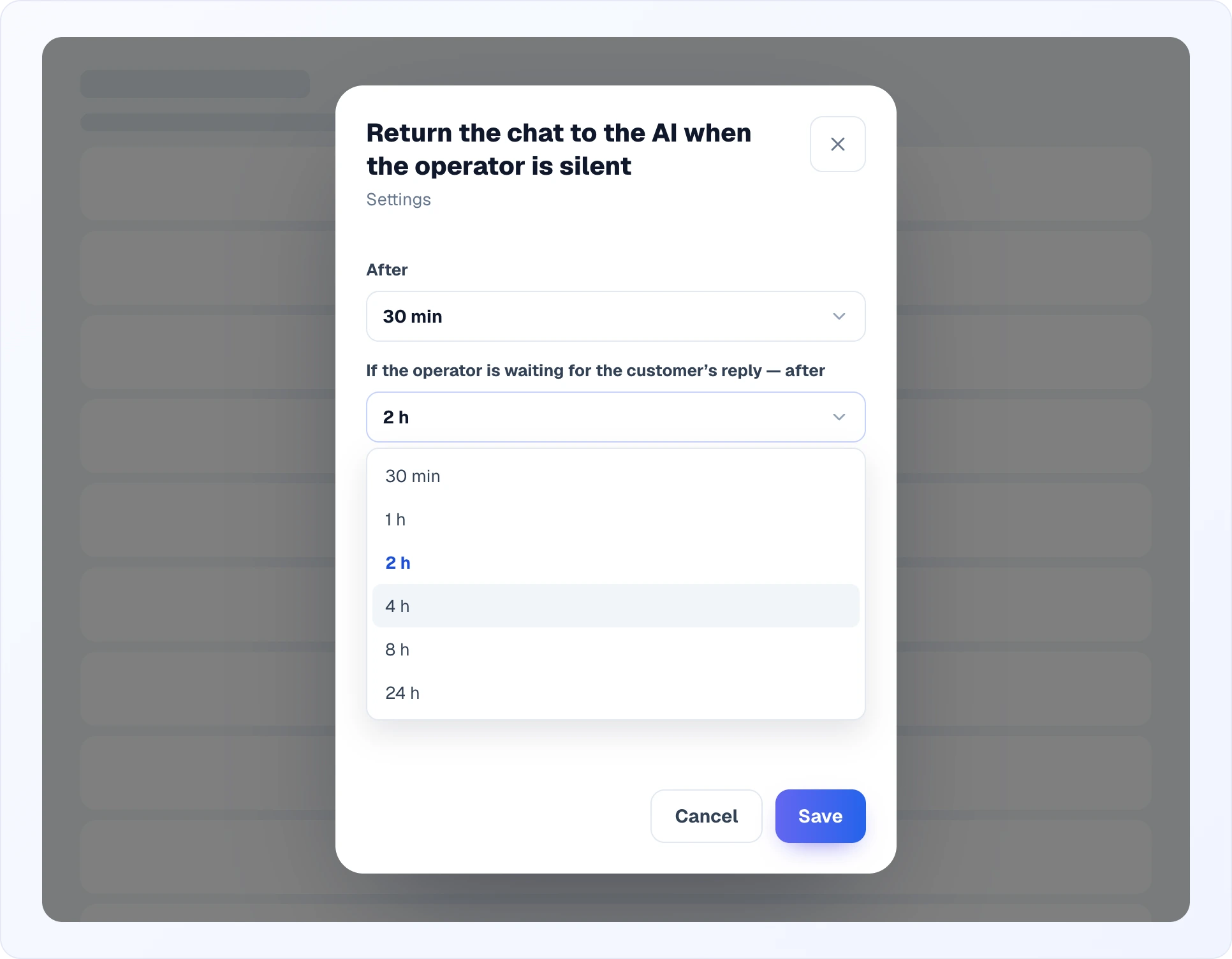 The settings popup of Return the chat to the AI when the operator is silent over the dimmed page: After set to 30 min and the open list If the operator is waiting for the customer's reply — after, with 30 min, 1, 2, 4, 8 and 24 h, where 2 h is selected; Cancel and Save buttons at the bottom