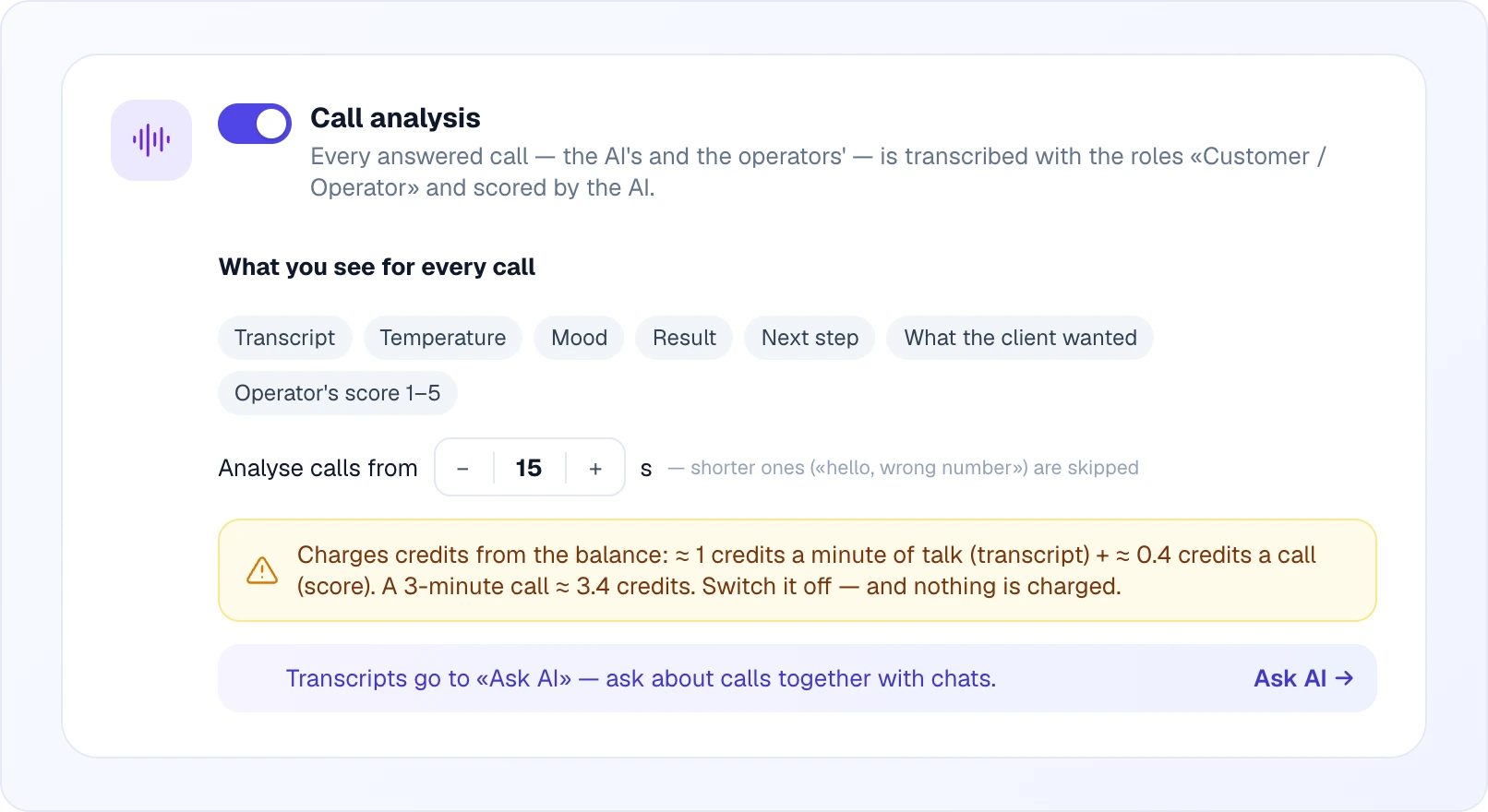 The "Call analysis" tab: an on toggle, chips for the fields recorded (Transcript, Temperature, Mood, Result, Next step, What the client wanted, Operator's score 1-5), an "Analyse calls from 15 s" stepper, a credits warning, and a note that transcripts go to Ask AI