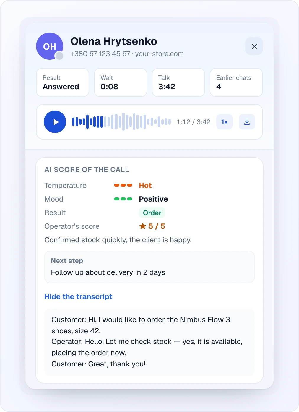 A call card: avatar and contact details, four facts (Result, Wait, Talk, Earlier chats), a recording player with play/speed/download, and "AI score of the call" — temperature Hot, mood Positive, result Order, an operator's score of 5/5 with a note, a next step, and the transcript with Customer/Operator lines