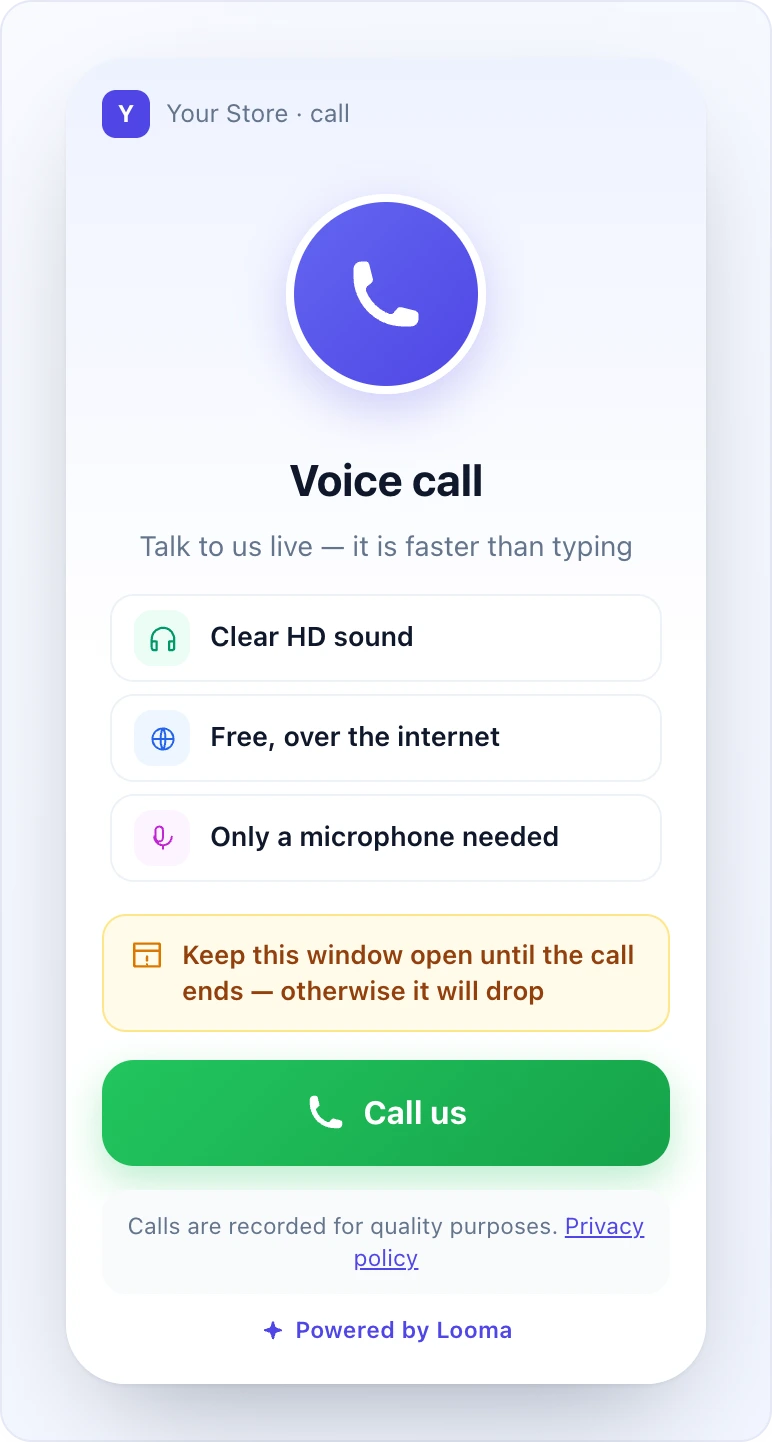 A phone-shaped frame showing the call page opened from Telegram: brand name at the top, a purple phone-icon avatar, "Voice call" title, three feature rows (clear sound, free over the internet, only a microphone needed), a warning to keep the window open, and a big green Call us button