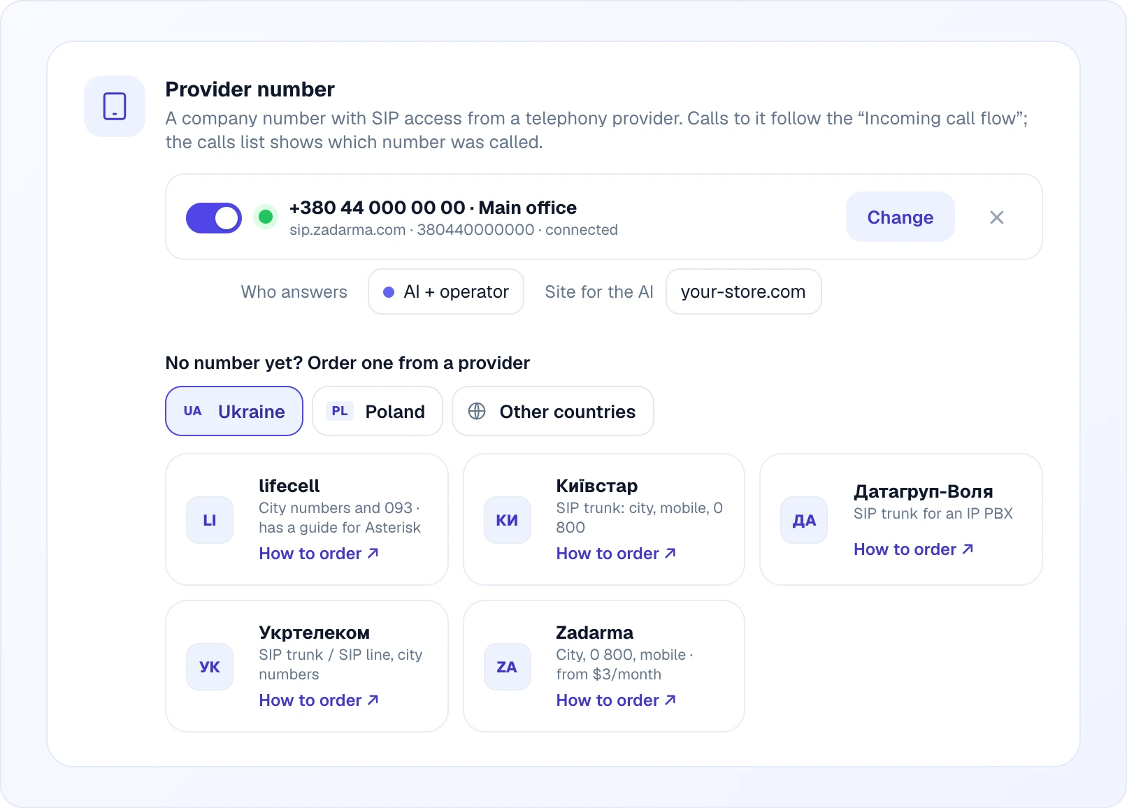 A connected SIP line "+380 44 000 00 00 · Main office" with Who answers = AI + operator and Site for the AI = your-store.com; below, provider cards for lifecell, Kyivstar, Datagroup-Volia, Ukrtelecom and Zadarma under the Ukraine tab, each with a "How to order" link