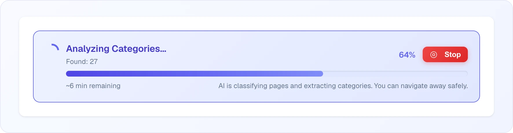 The "Analyzing Categories..." banner: 27 categories found, a 64 % progress bar, "~6 min remaining" and the red "Stop" button