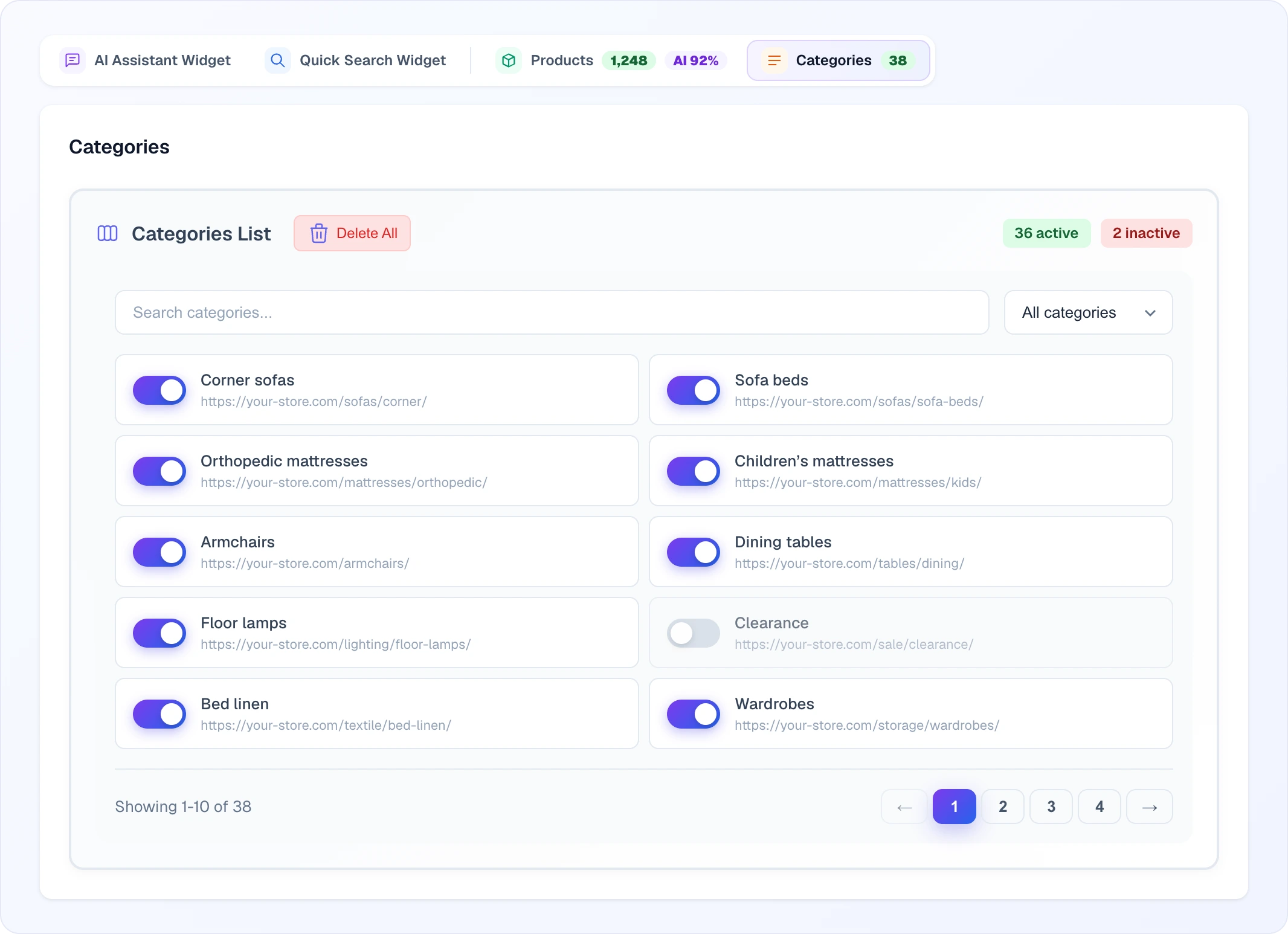 Categories List: "36 active" and "2 inactive" counters, the "Delete All" button, search and filter, category cards with the H1 title, page URL and an active toggle; the "Clearance" category is switched off