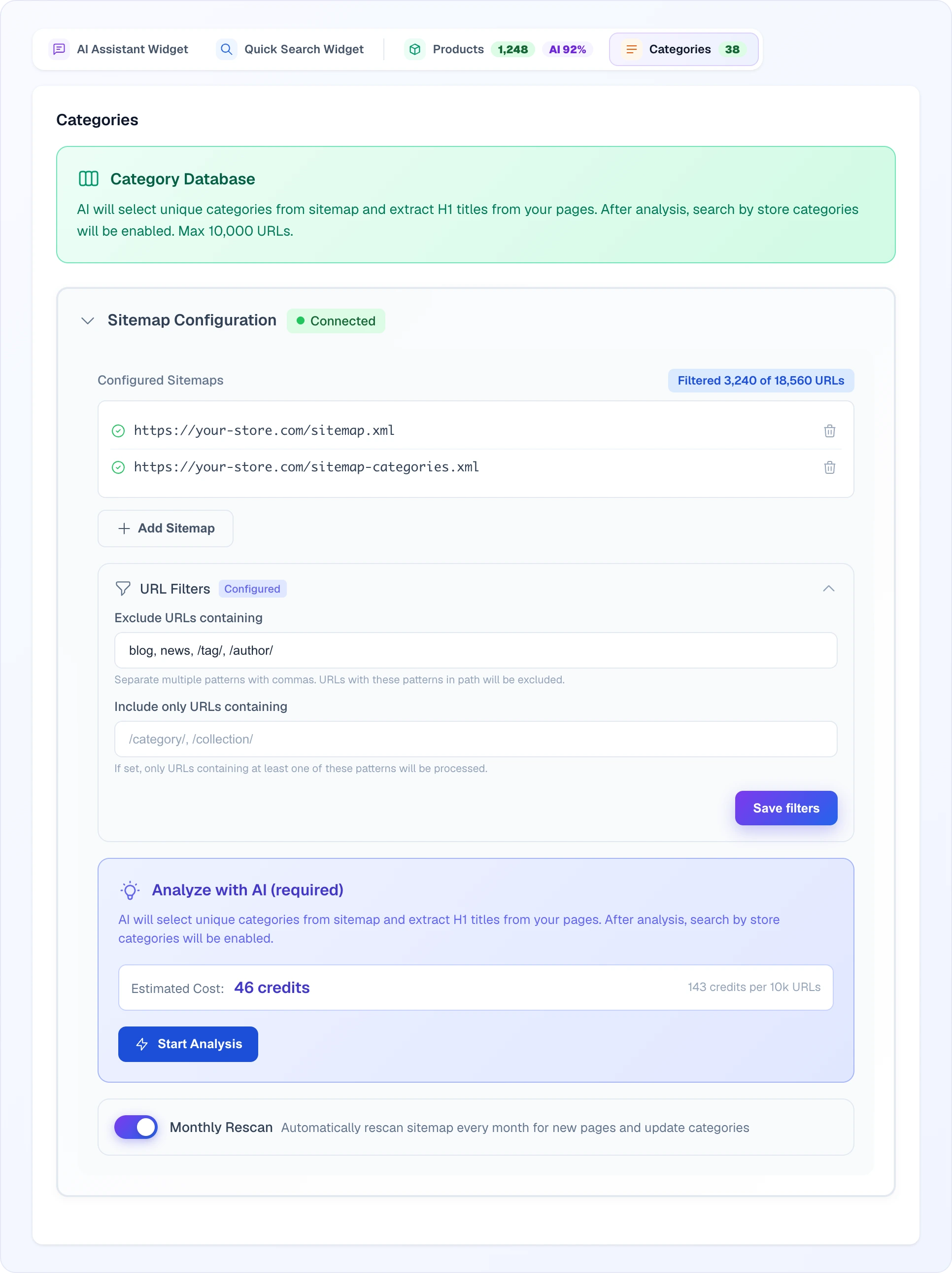 Sitemap Configuration: two saved sitemaps, the "Filtered 3,240 of 18,560 URLs" pill, expanded "URL Filters" with the exclude field, the "Analyze with AI (required)" block with an estimated cost of 46 credits and the "Start Analysis" button, "Monthly Rescan" switched on