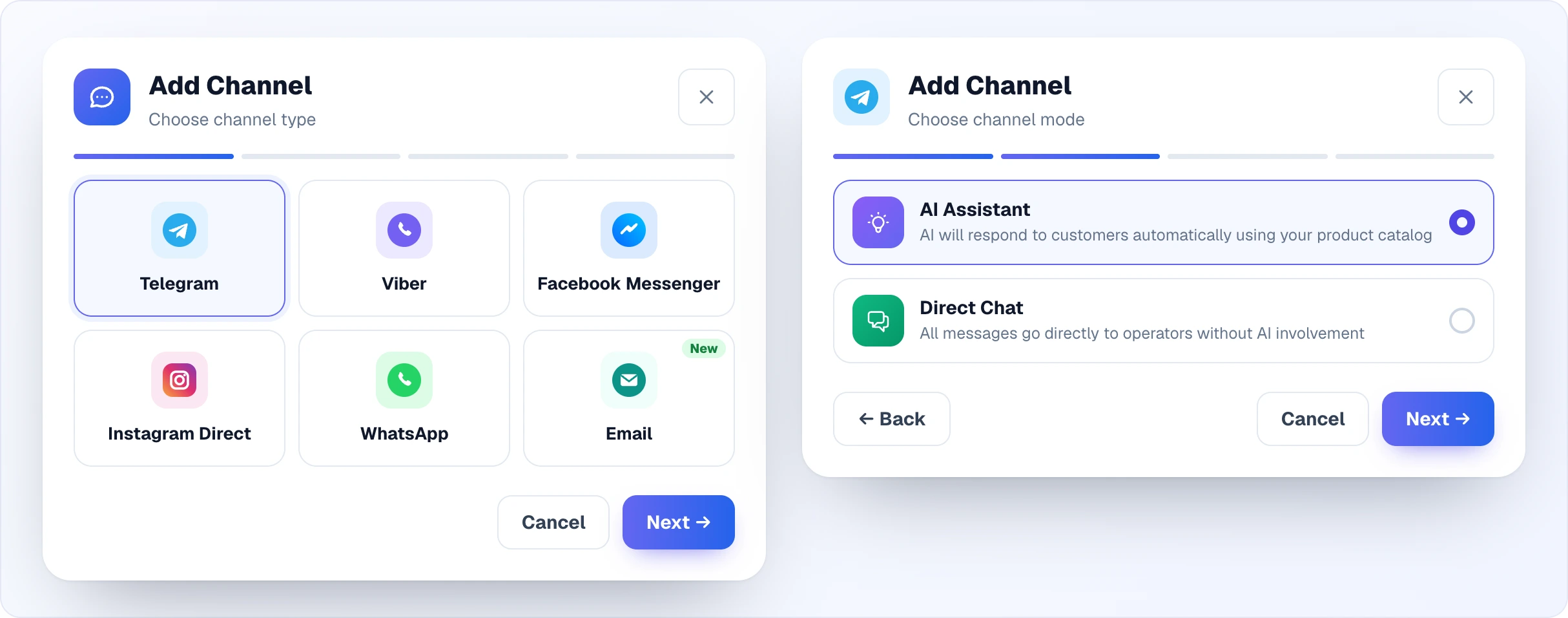 The Add Channel window: step 1 — the grid of types (Telegram, Viber, Facebook Messenger, Instagram Direct, WhatsApp, Email marked New), step 2 — choosing AI Assistant or Direct Chat mode