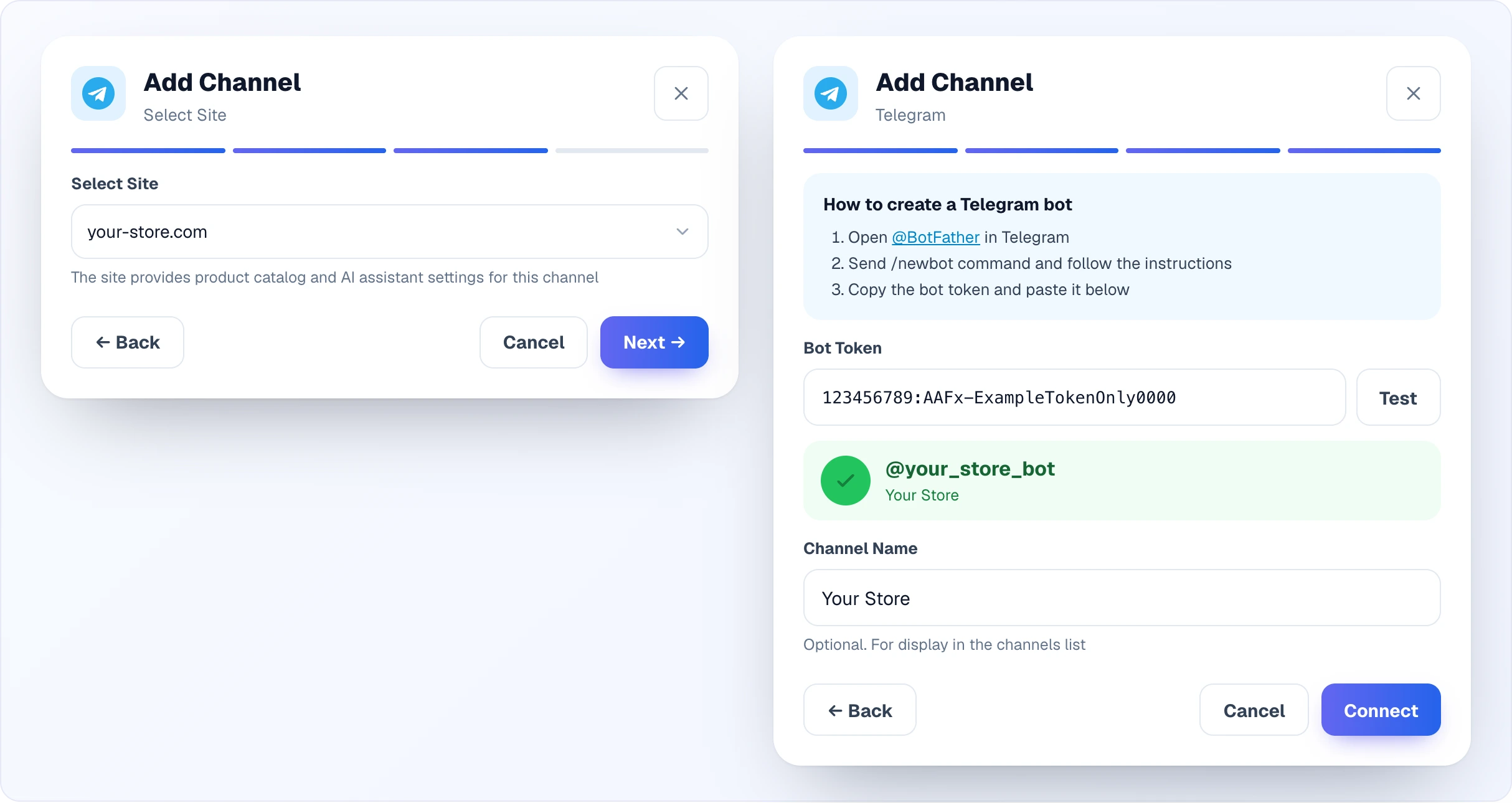 Step 3 — choosing the site your-store.com; step 4 — the "How to create a Telegram bot" instructions, the Bot Token field with a Test button, a green box with @your_store_bot and the Channel Name field