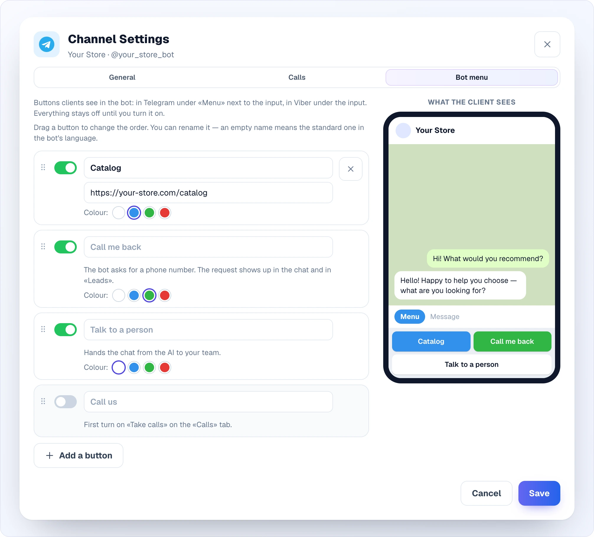 The Bot menu tab for Telegram: a list of buttons with drag handles, switches, names and colour choice — "Catalog" with a link, "Call me back", "Talk to a person" and a disabled "Call us"; on the right a phone showing how the customer will see the buttons