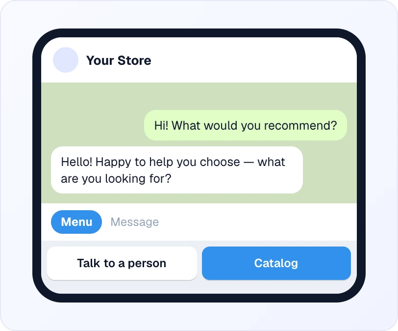 How a customer sees the bot menu in Telegram: below the chat and the Menu button, two buttons — "Talk to a person" and a custom "Catalog" link button