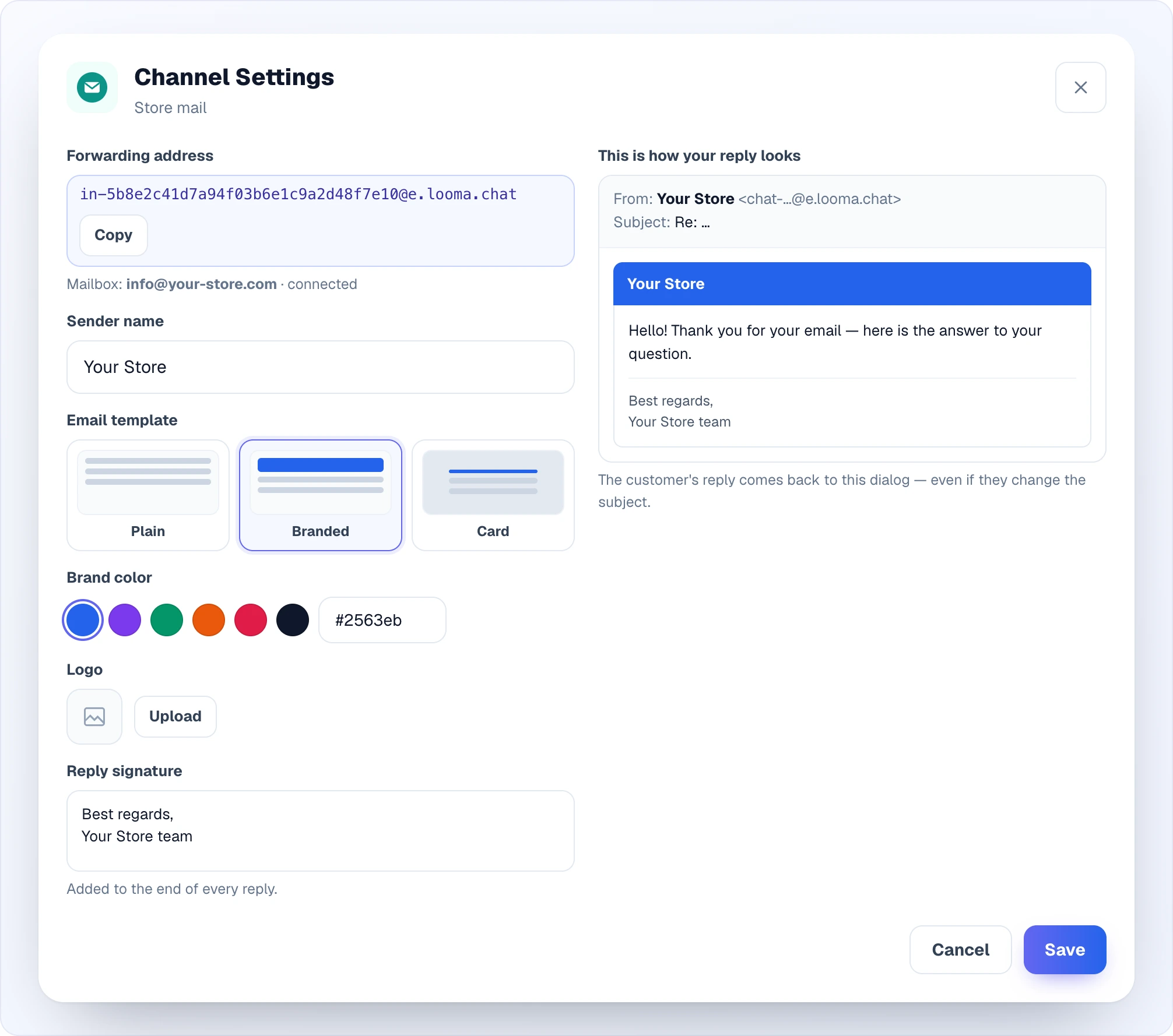 Email channel settings: the forwarding address, the mailbox and its state, sender name, the Plain, Branded and Card templates, brand color, logo and signature; on the right — the reply with a header in the brand color