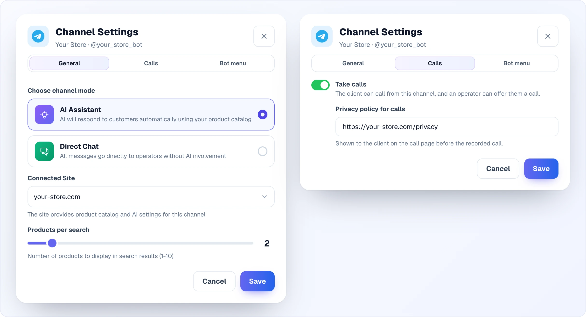 Telegram channel settings: the General tab with the mode choice, the connected site and the "Products per search" slider at 2; the Calls tab with the "Take calls" switch and the privacy policy field