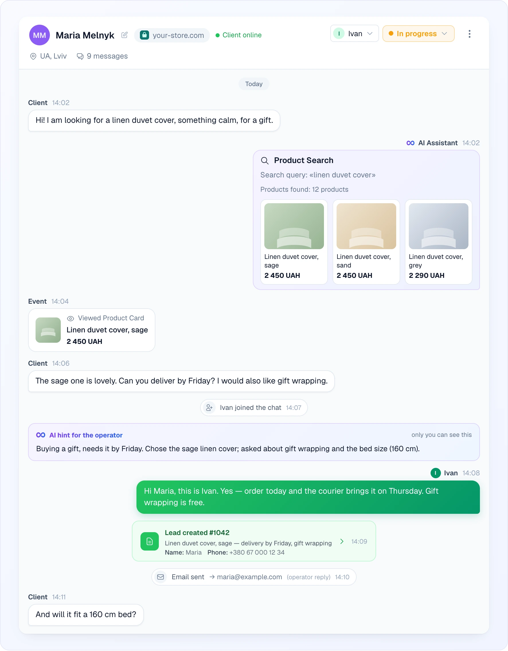 A conversation close-up: a client message on the left; on the right the AI Assistant's Product Search card with the query, the number of products found and three product cards with prices; on the left an Event bubble Viewed Product Card; the system line Ivan joined the chat; the AI hint for the operator card; Ivan's green reply; the Lead created #1042 card with the request text, name and phone; the line Email sent to the client's address marked operator reply; and the client's next question