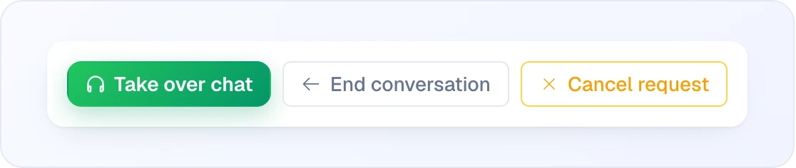 Footer buttons: Take over chat, End conversation and Cancel request — only the ones that fit the chat's current mode are shown
