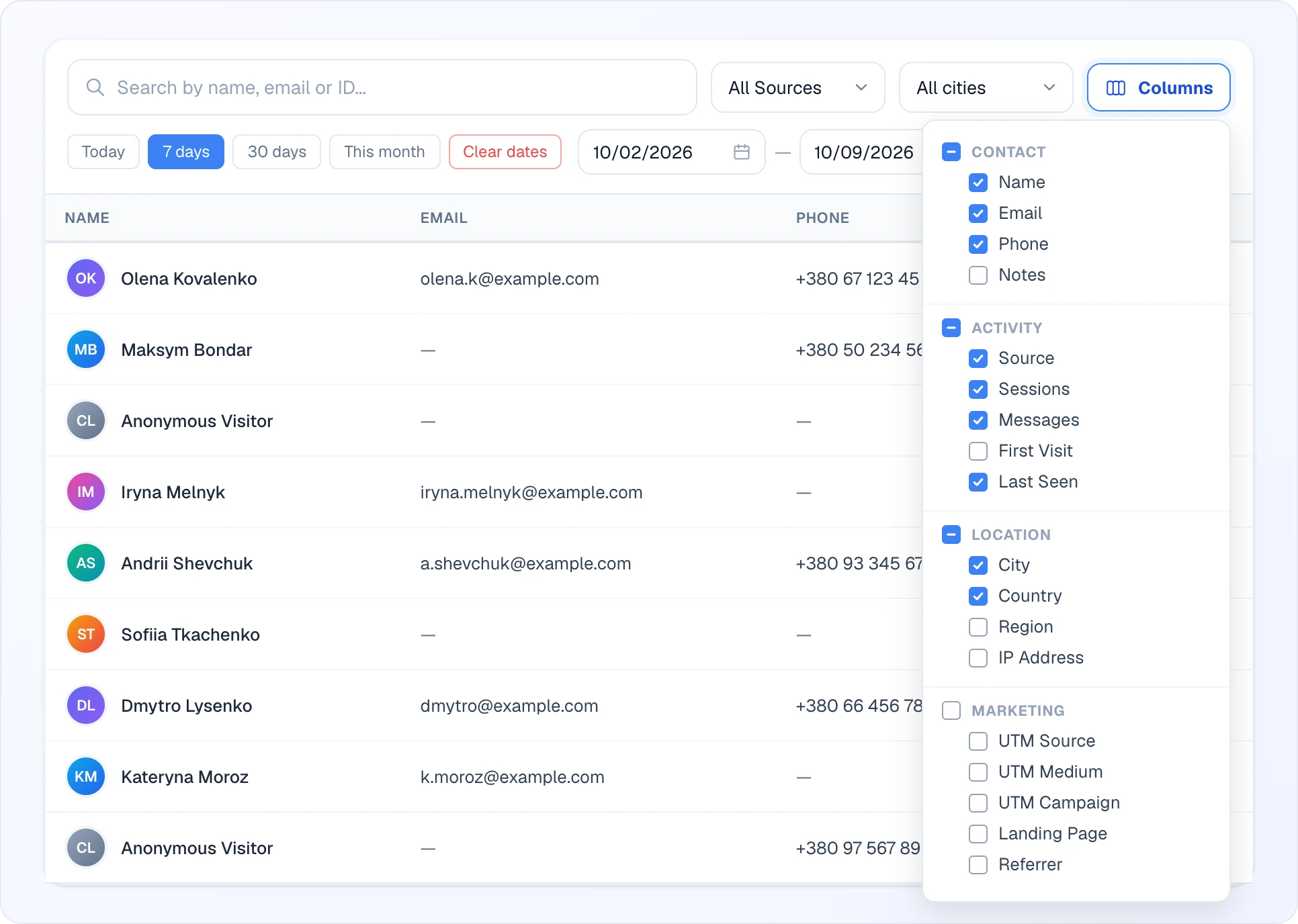 The Columns list open above the clients table: Contact with Name, Email and Phone ticked and Notes off; Activity with Source, Sessions, messages and Last Seen on and First Visit off; Location with City and Country; the Marketing section with UTM fields, landing page and referrer fully off