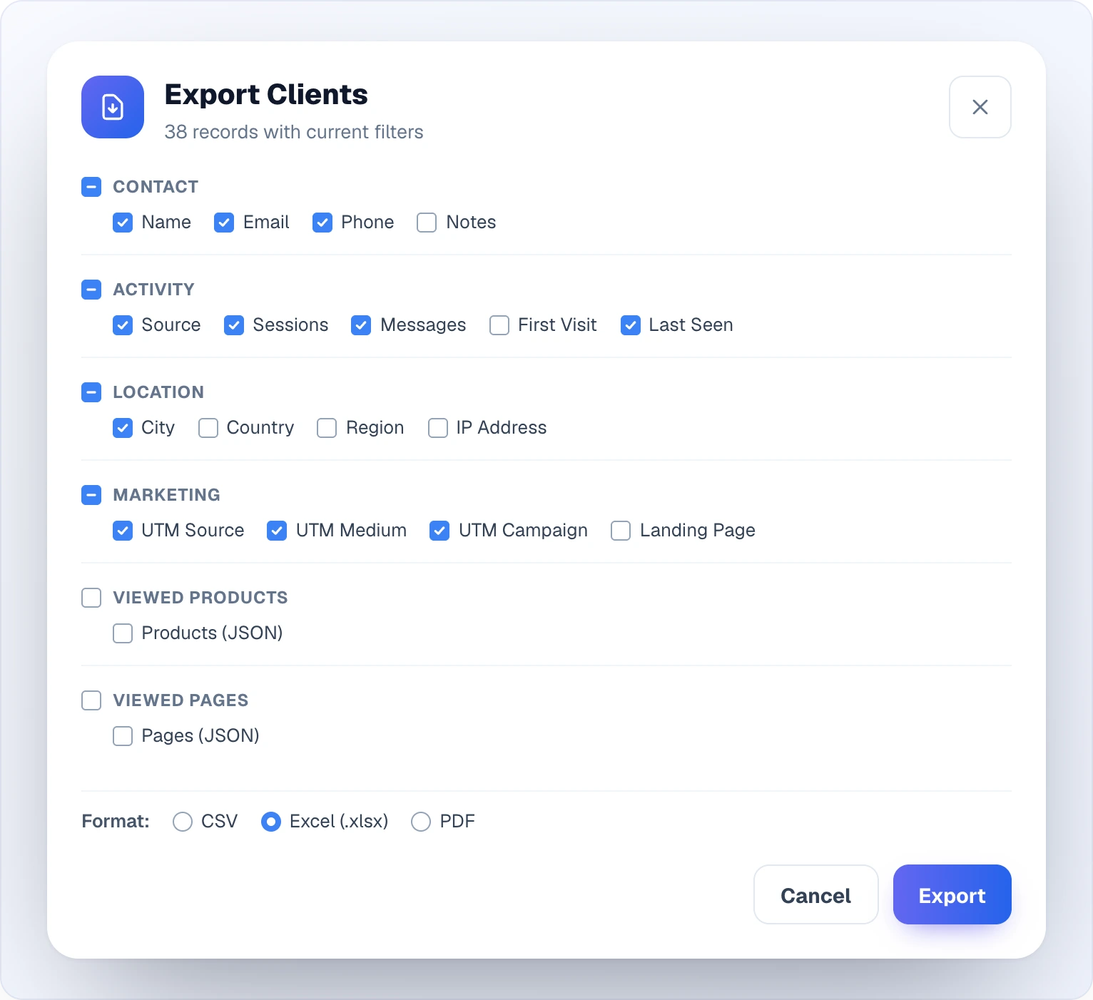 The Export Clients dialog: "38 records with current filters", sections Contact, Activity, Location, Marketing, Viewed Products and Viewed Pages with field checkboxes, a choice of CSV, Excel (.xlsx) or PDF, and Cancel and Export buttons