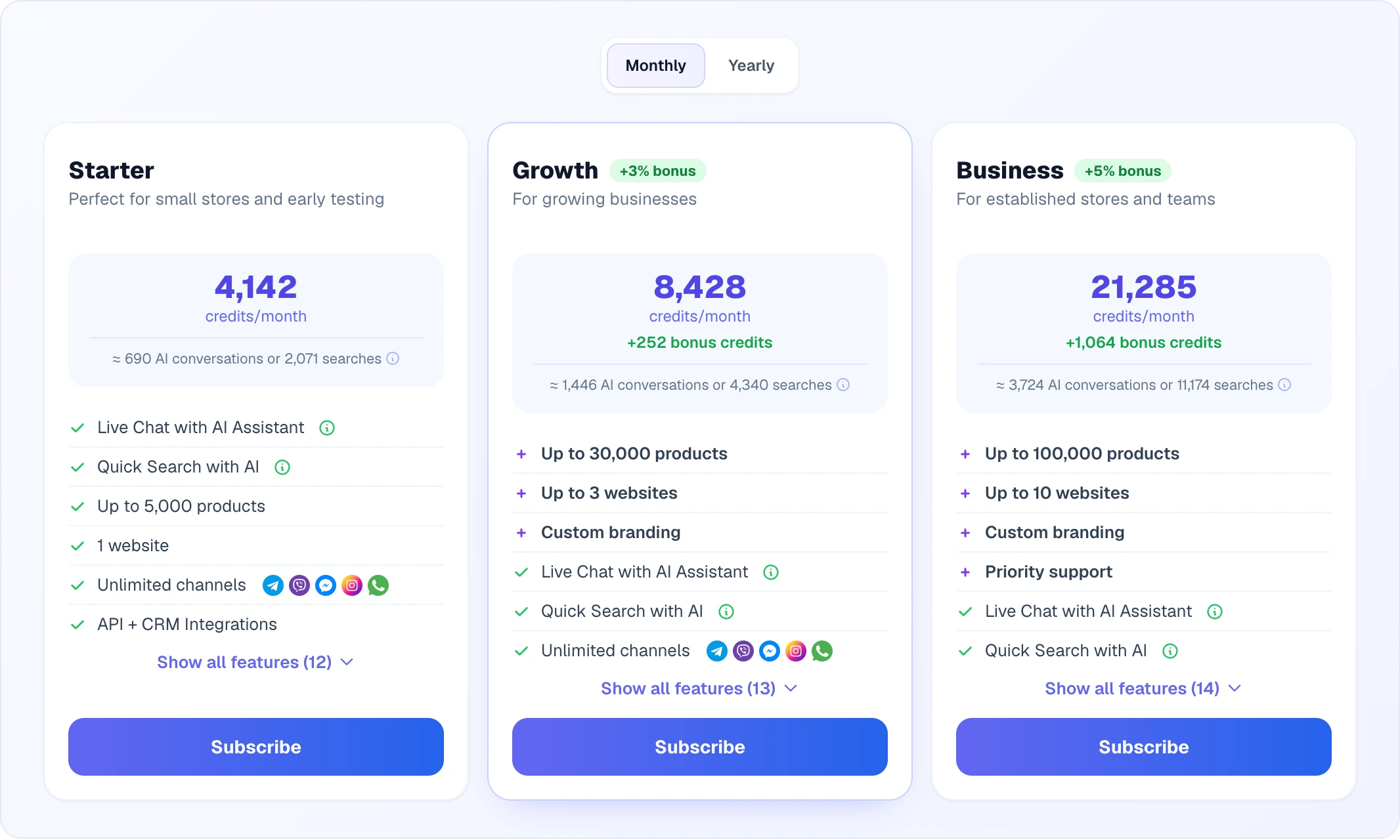 Plan cards in Billing → Plans: Starter with 4,142 credits a month, Growth with 8,428 credits plus 252 bonus credits and Business with 21,285 plus 1,064 bonus credits, each with an estimate of AI conversations and searches and the list of features