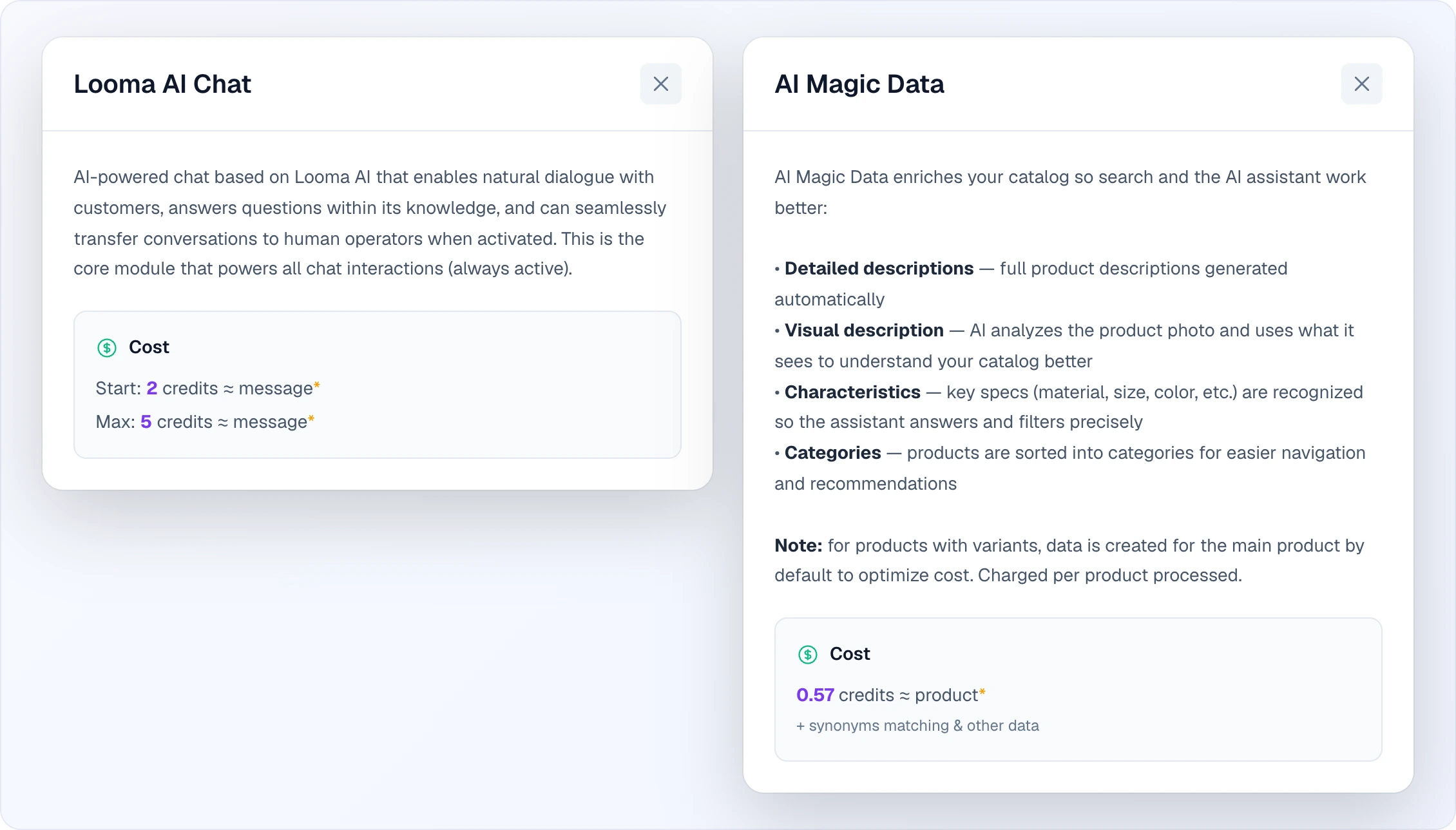 Module info windows from the Usage tab: Looma AI Chat with a cost of 2 credits per message on Start and 5 on Max, and AI Magic Data with a description of what it generates and a cost of 0.57 credits per product