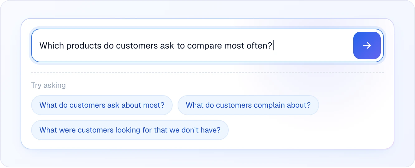 The Ask AI question field with a typed question and the send arrow, and below it example questions under Try asking