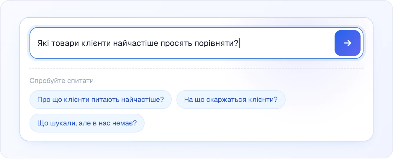 Поле «Спитати AI» з набраним питанням і стрілкою надсилання, а під ним приклади питань у блоці «Спробуйте спитати»