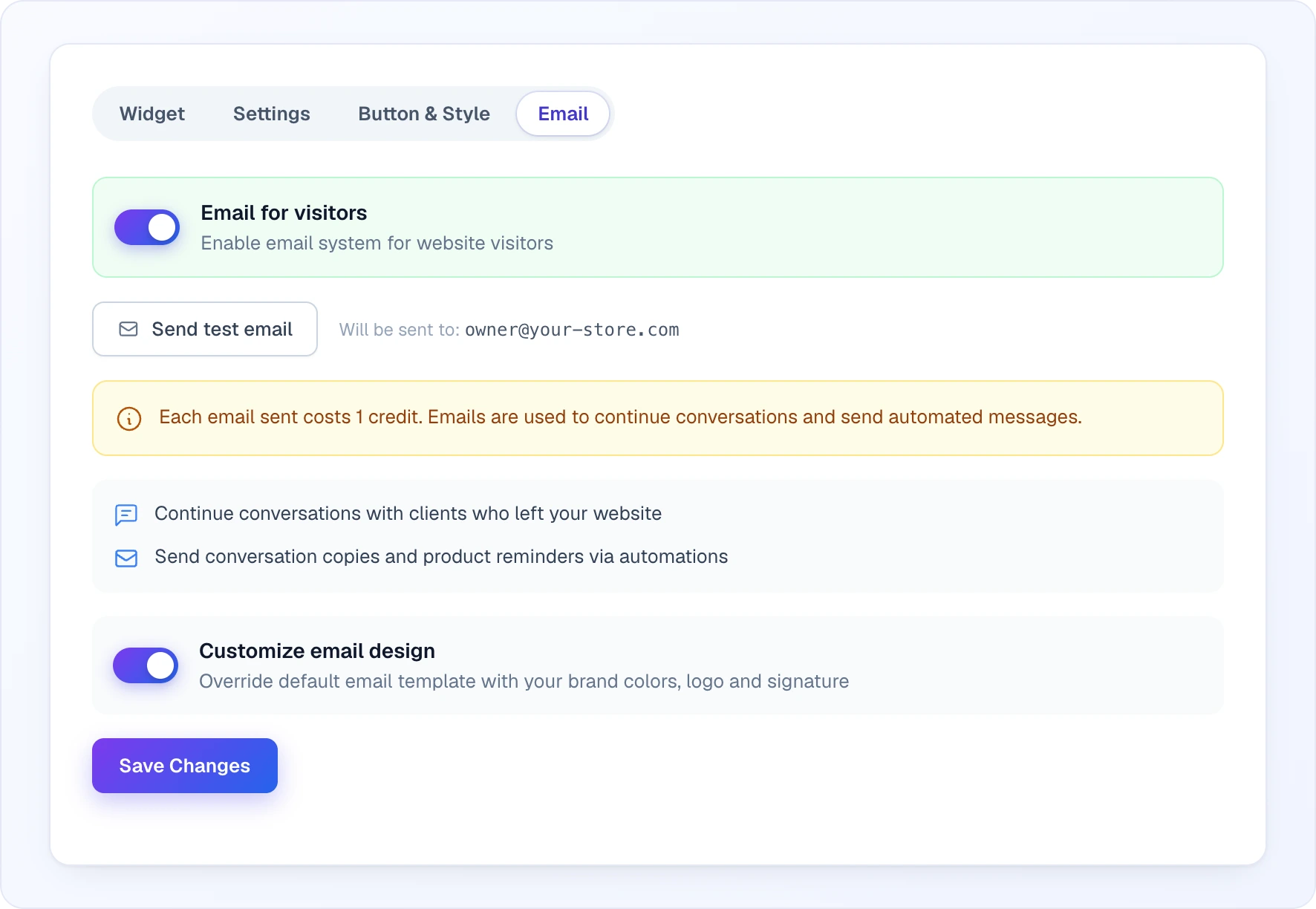 The Email sub-tab of the AI Assistant settings: the green "Email for visitors" switch turned on, the Send test email button with the "Will be sent to:" address, the yellow notice "Each email sent costs 1 credit…", two lines about what emails are used for, the "Customize email design" switch and the Save Changes button