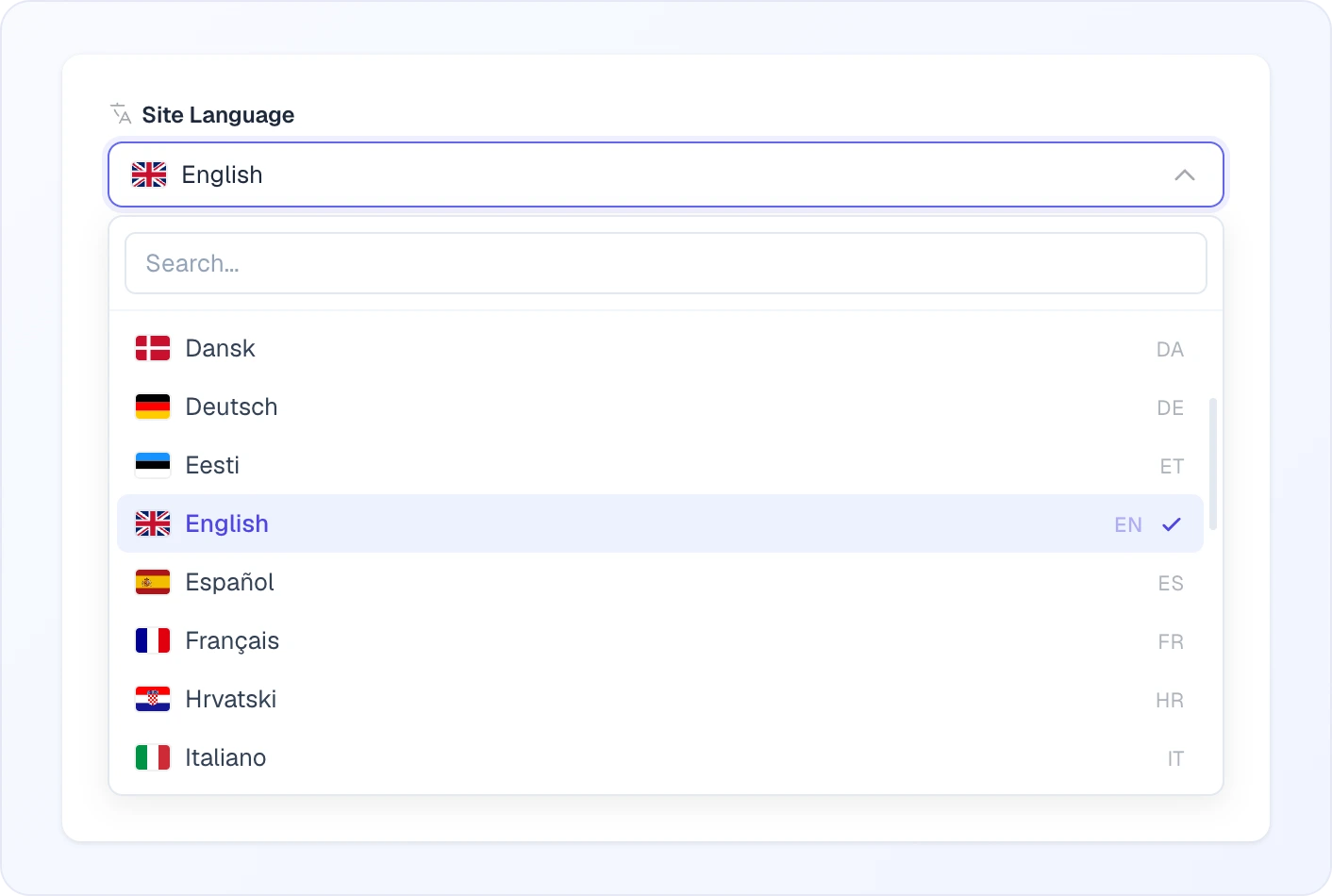 The Site Language list open: a "Search..." box and languages with flags and codes — Dansk, Deutsch, Eesti, the selected English with a check mark, Español, Français, Hrvatski, Italiano