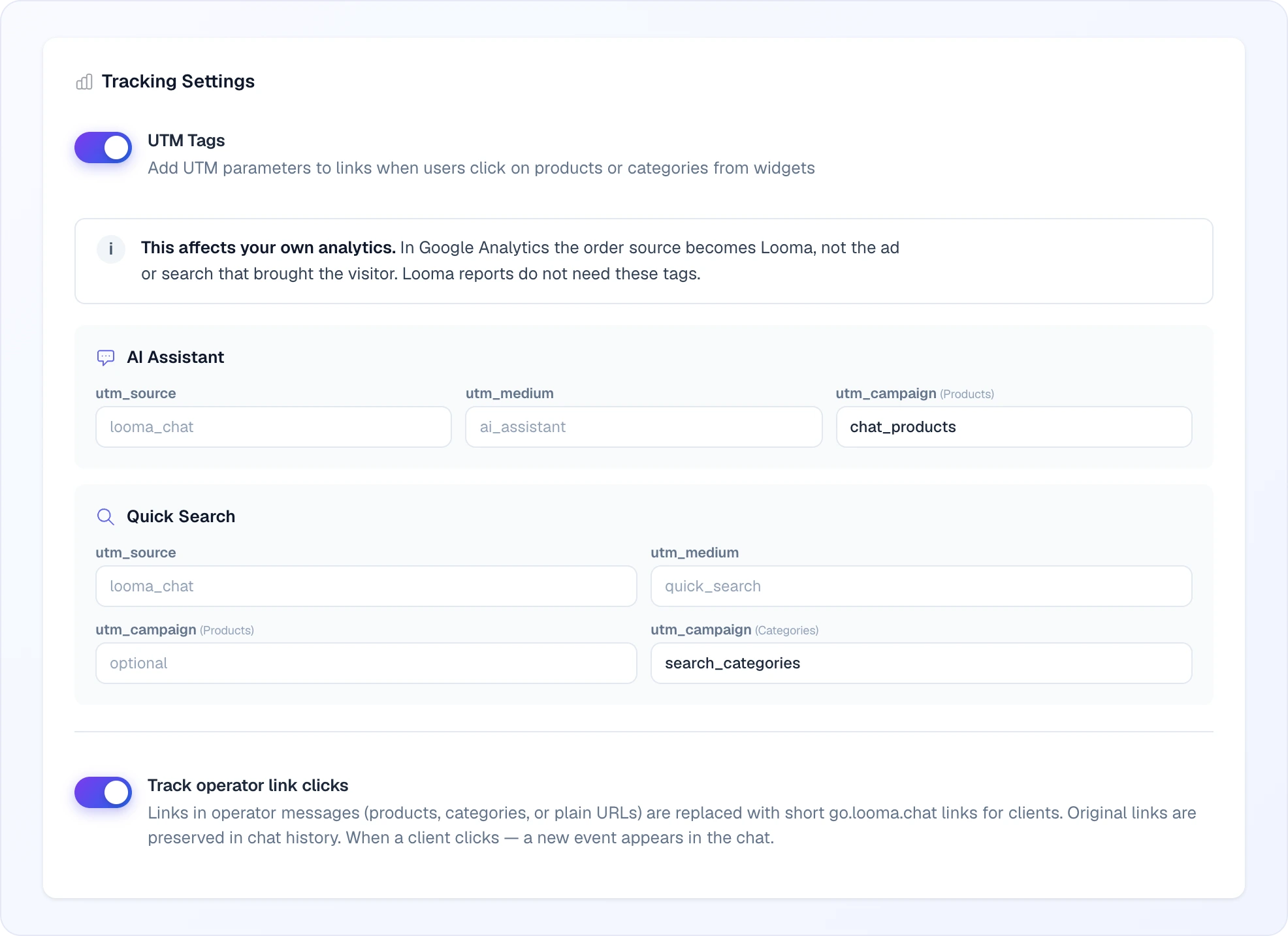 The Tracking Settings section: the UTM Tags toggle switched on with the note "This affects your own analytics", the AI Assistant panel with utm_source, utm_medium and utm_campaign (Products) fields, the Quick Search panel with utm_source, utm_medium, utm_campaign (Products) and utm_campaign (Categories), and below it the "Track operator link clicks" toggle switched on