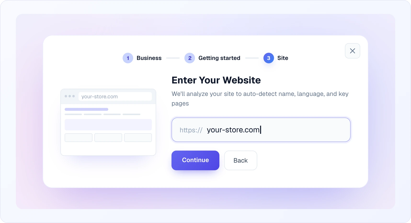 The "Enter Your Website" step: a small website sketch on the left, an address field with the https:// prefix and your-store.com typed in, and the Continue and Back buttons
