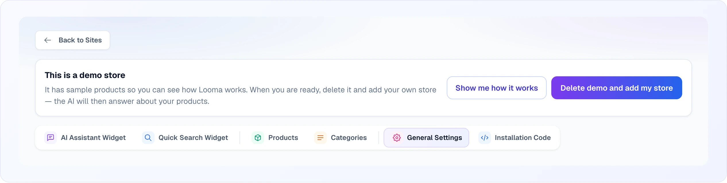 Demo store settings page: a "This is a demo store" banner with the "Show me how it works" and "Delete demo and add my store" buttons, and the site settings tabs below it