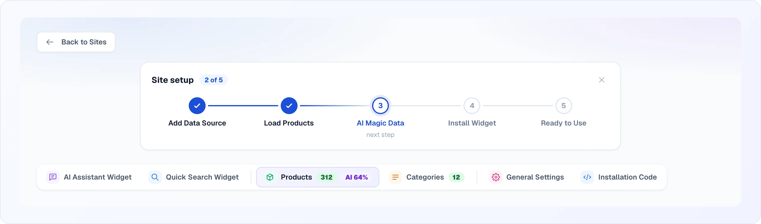 Site settings: a "Site setup 2 of 5" strip where data source and products are done and AI Magic Data is the next step, and below it the tabs AI Assistant Widget, Quick Search Widget, Products (312, AI 64%), Categories, General Settings, Installation Code