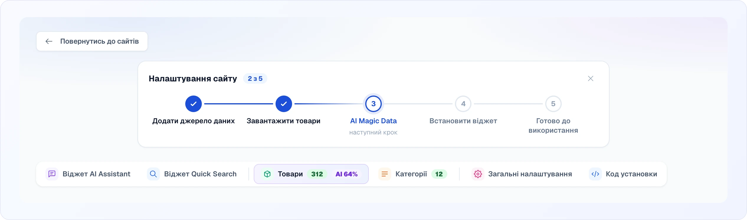 Налаштування сайту: смуга «Налаштування сайту 2 з 5», де джерело даних і товари вже готові, а наступний крок — AI Magic Data; під нею вкладки Віджет AI Assistant, Віджет Quick Search, Товари (312, AI 64%), Категорії, Загальні налаштування, Код установки