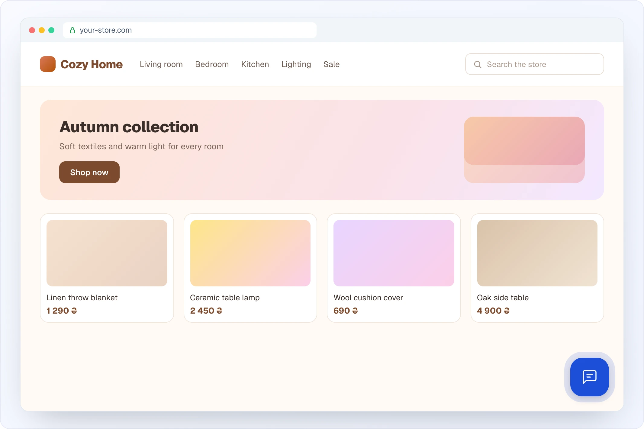 A store page at your-store.com with its own header, search field, banner and product grid, and the blue Looma chat button in the bottom-right corner