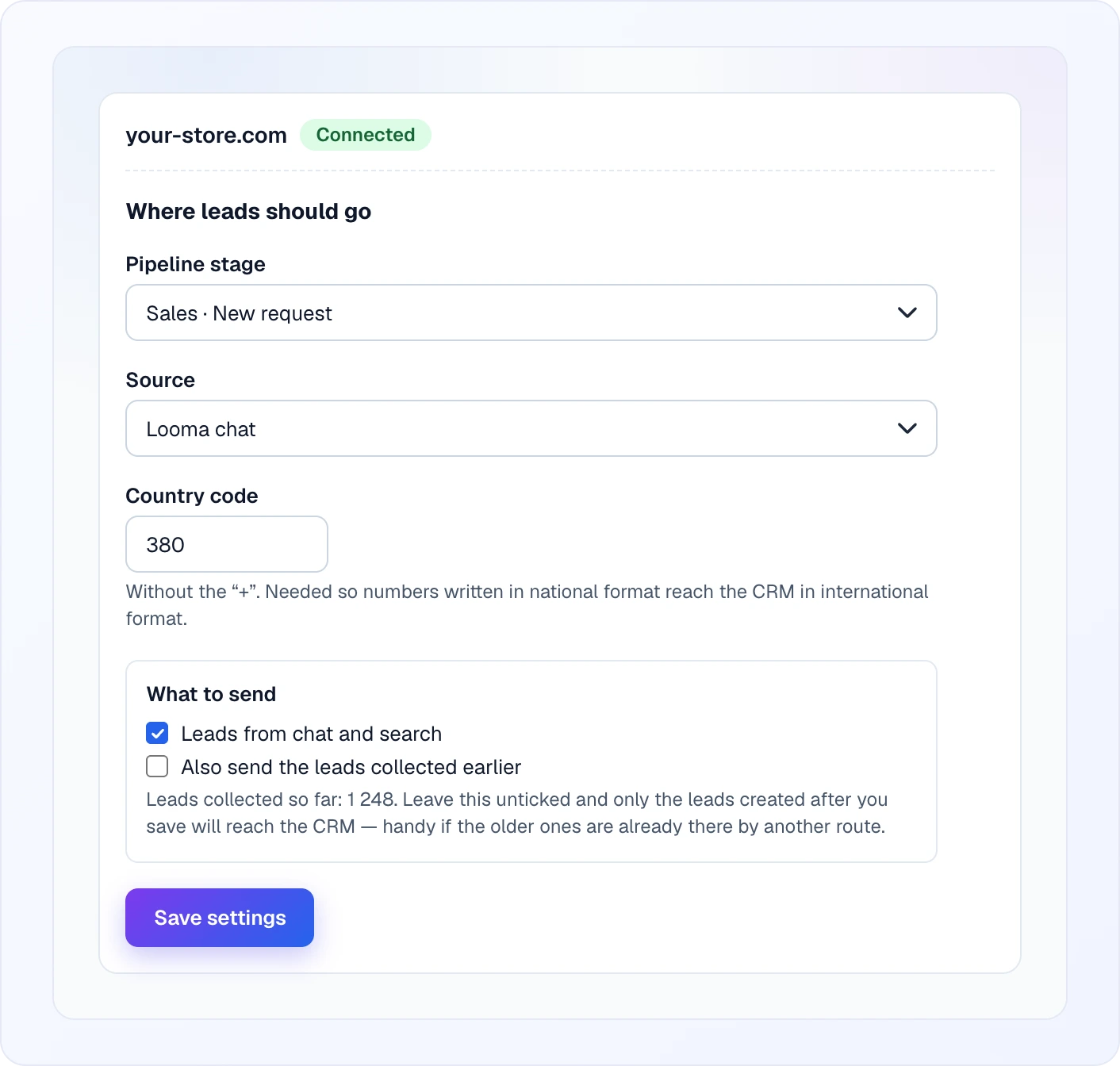 The Where leads should go section: the Pipeline stage list in the "Pipeline · Stage" format, the Source list, Country code 380, and the What to send block with Leads from chat and search ticked and Also send the leads collected earlier with the count of collected leads, plus the Save settings button