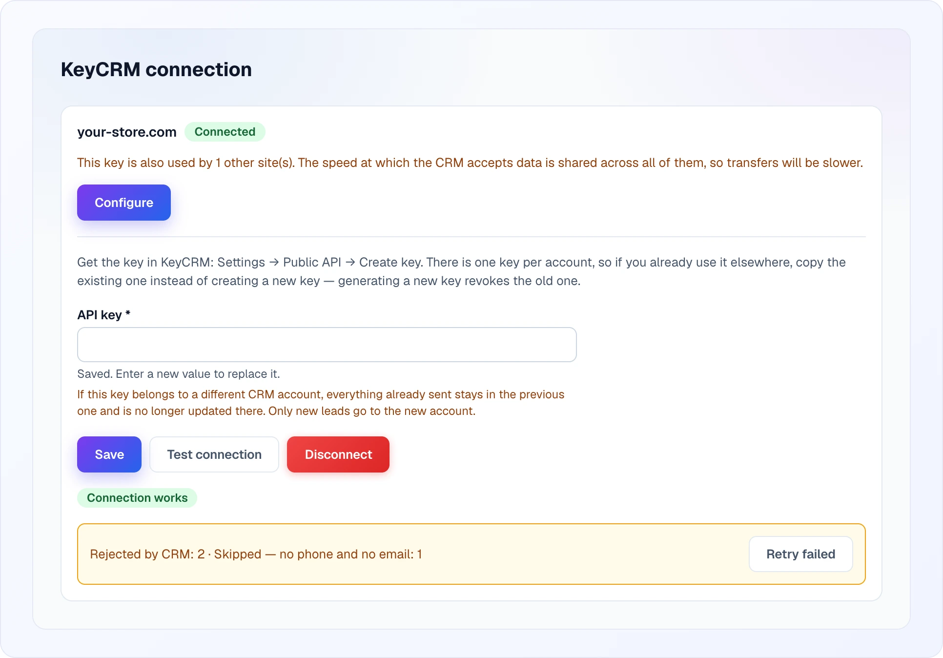 A connected site with the open form: the warning that the key is shared with another site, the key field, the action buttons, the Connection works label and, at the bottom, the amber block "Rejected by CRM: 2 · Skipped — no phone and no email: 1" with the Retry failed button