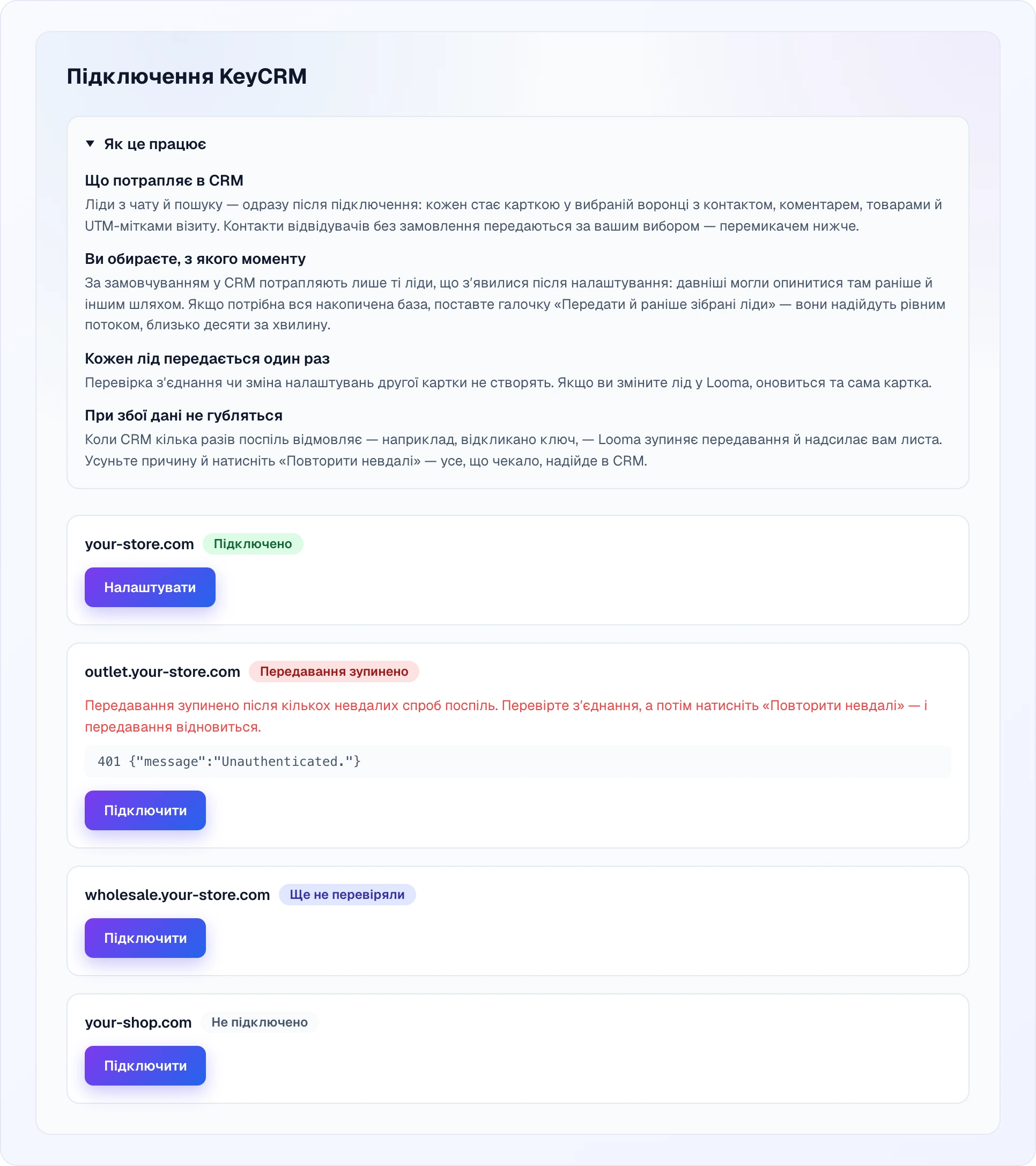 Сторінка «Підключення KeyCRM» з розгорнутим блоком «Як це працює» і чотирма рядками сайтів: підключений сайт із кнопкою «Налаштувати», сайт із червоним бейджем «Передавання зупинено», поясненням і помилкою CRM 401 Unauthenticated, сайт «Ще не перевіряли» і сайт «Не підключено» — обидва з кнопкою «Підключити»