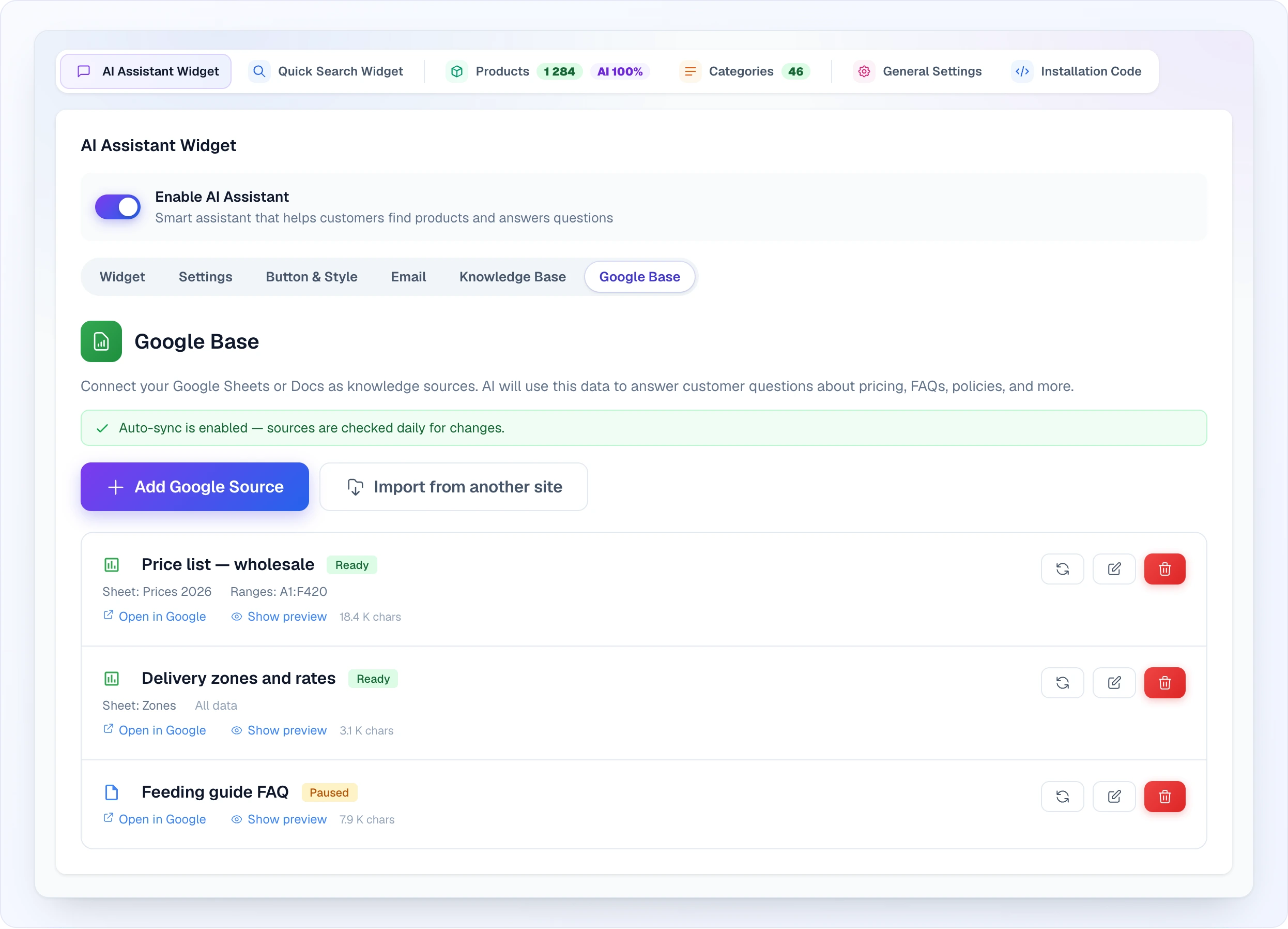 The "Google Base" tab: the description, a green line "Auto-sync is enabled — sources are checked daily for changes.", the "Add Google Source" and "Import from another site" buttons and three sources — the "Price list — wholesale" sheet (sheet "Prices 2026", range A1:F420, status "Ready"), the "Delivery zones and rates" sheet (all data, "Ready") and the "Feeding guide FAQ" document with the "Paused" status; each has "Open in Google", "Show preview", the size in K chars and the sync, edit and delete buttons