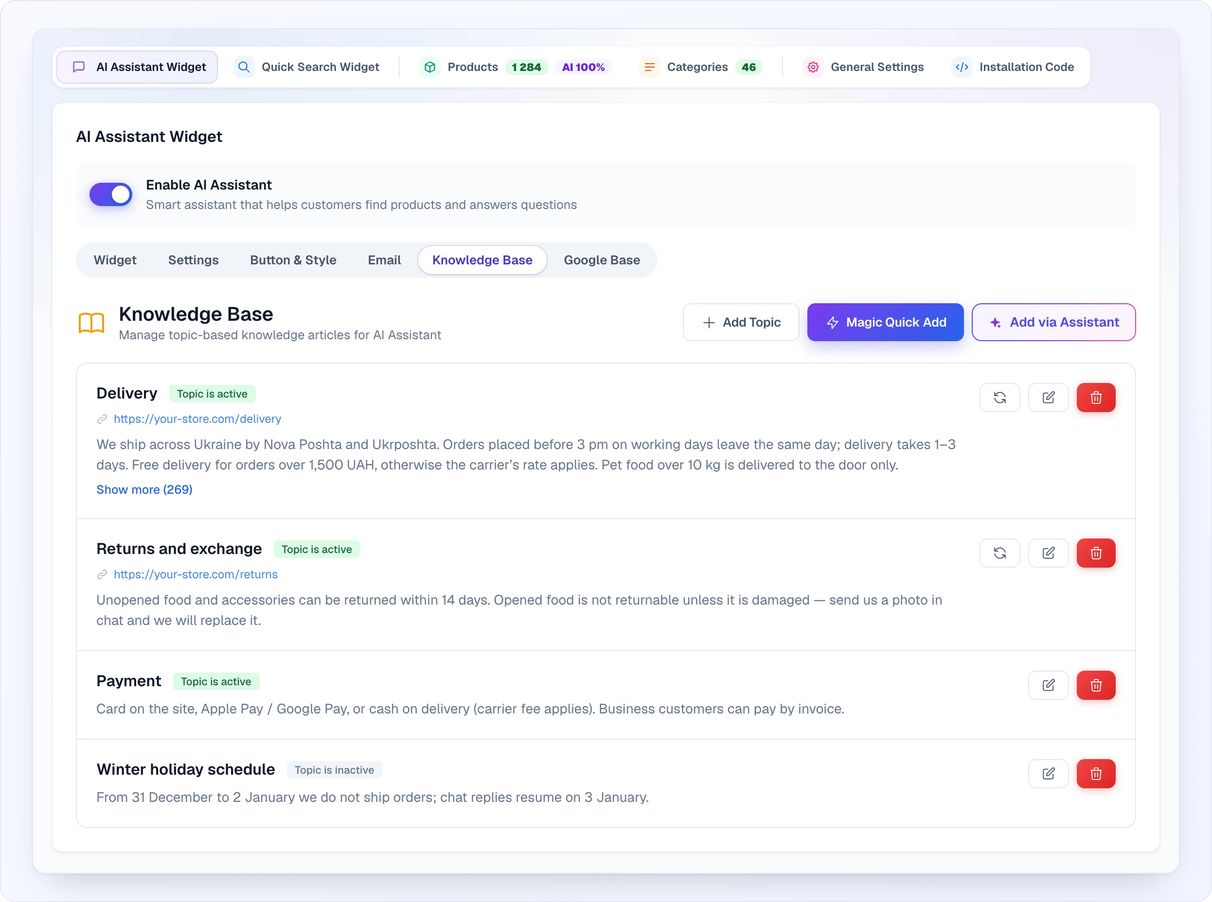 The "Knowledge Base" tab of the AI Assistant Widget page: the "Add Topic", "Magic Quick Add" and "Add via Assistant" buttons, and a list of four topics — "Delivery" and "Returns and exchange" with source links and a refresh button, "Payment", and "Winter holiday schedule" marked "Topic is inactive"; each topic shows the beginning of its text, long ones have "Show more (N)", and every row has edit and delete buttons