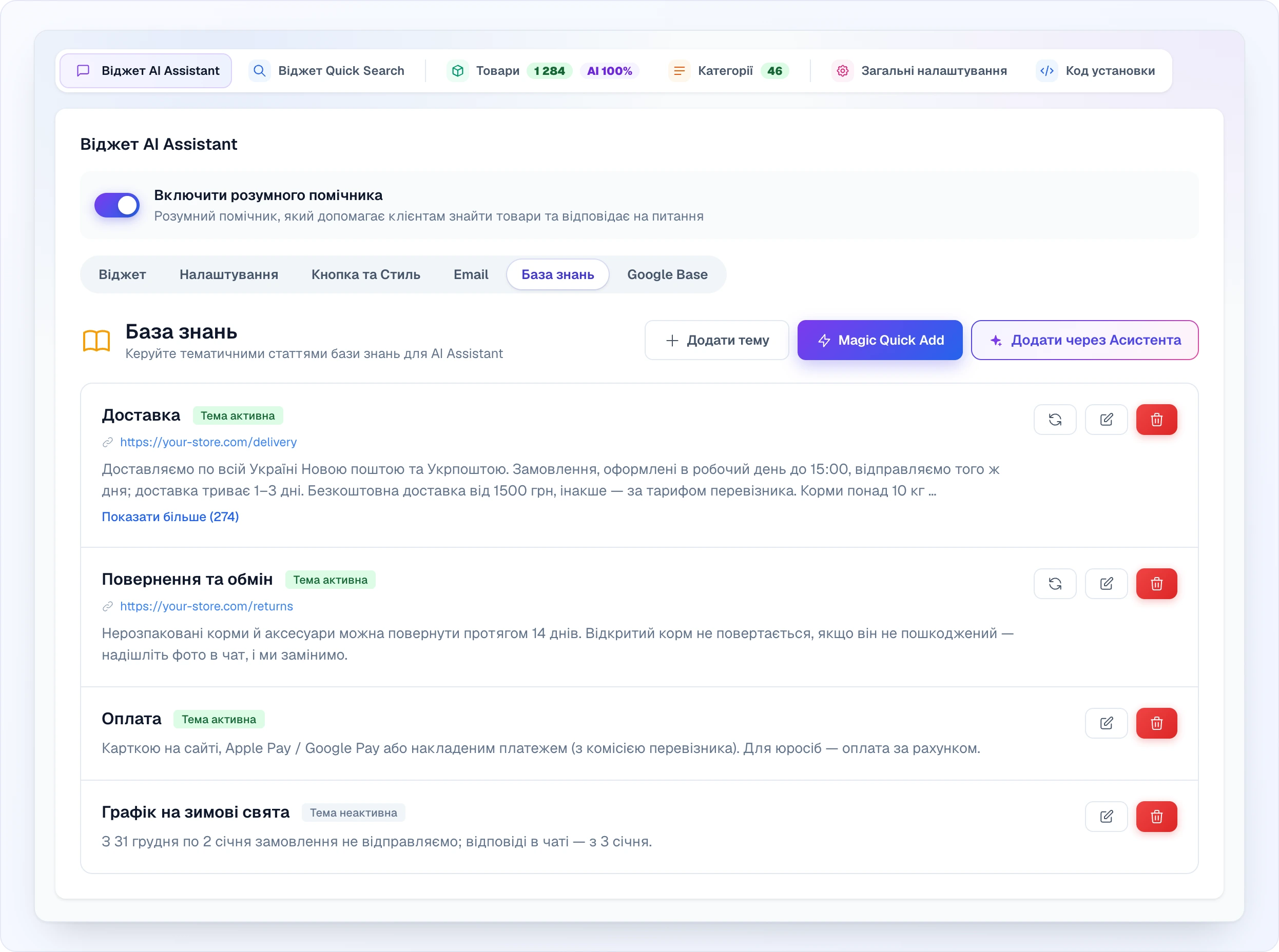 Вкладка «База знань» на сторінці «Віджет AI Assistant»: кнопки «Додати тему», «Magic Quick Add» і «Додати через Асистента» та список із чотирьох тем — «Доставка» й «Повернення та обмін» із посиланнями-джерелами та кнопкою оновлення, «Оплата» і «Графік на зимові свята» з позначкою «Тема неактивна»; у кожної теми видно початок тексту, у довгих — «Показати більше (N)», у кожному рядку кнопки редагування й видалення