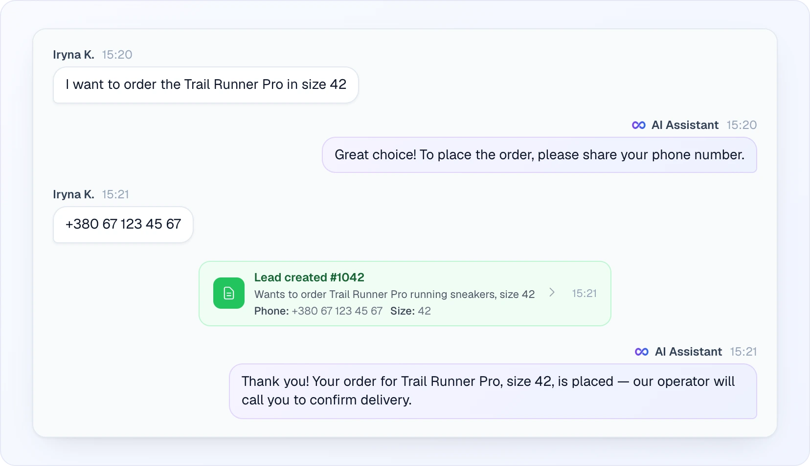 A conversation in the Chats section: the customer asks to order the Trail Runner Pro in size 42, the AI Assistant asks for a phone number, the customer sends it, then a green "Lead created #1042" card with the text "Wants to order Trail Runner Pro running sneakers, size 42" and the fields "Phone: +380 67 123 45 67" and "Size: 42", followed by the AI's confirmation