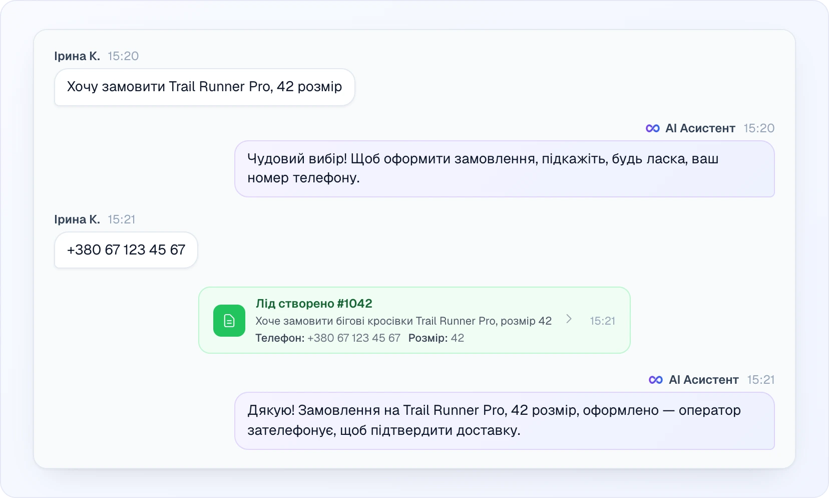 Розмова в розділі «Чати»: клієнтка просить замовити Trail Runner Pro 42 розміру, AI-асистент просить телефон, клієнтка надсилає номер, далі зелена картка «Лід створено #1042» з текстом «Хоче замовити бігові кросівки Trail Runner Pro, розмір 42» і полями «Телефон: +380 67 123 45 67», «Розмір: 42», а під нею підтвердження від AI