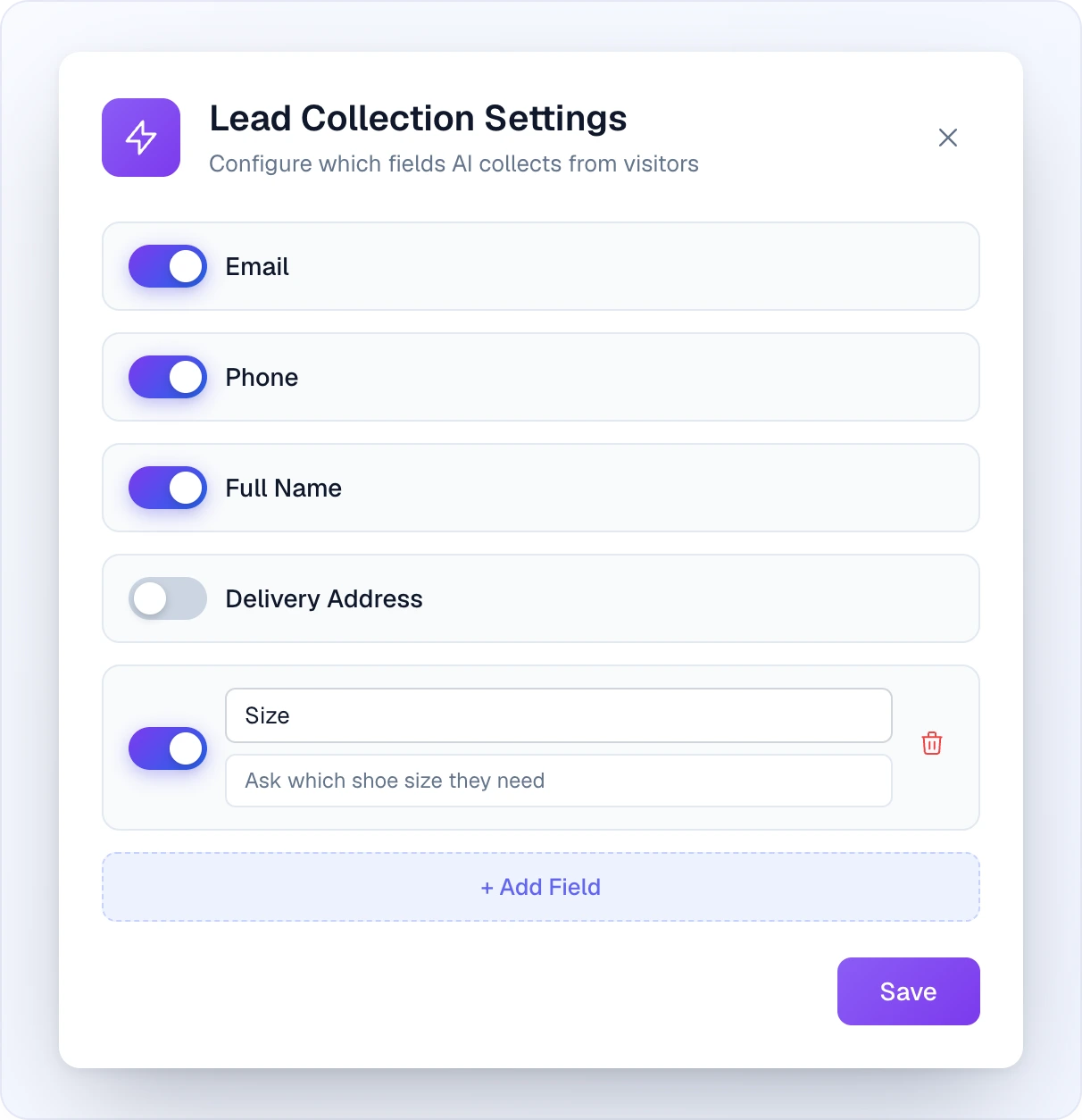 The Lead Collection Settings window: Email, Phone and Full Name switched on, Delivery Address switched off, a custom field "Size" with the AI instruction "Ask which shoe size they need" and a red delete button, an "+ Add Field" button and a purple Save button