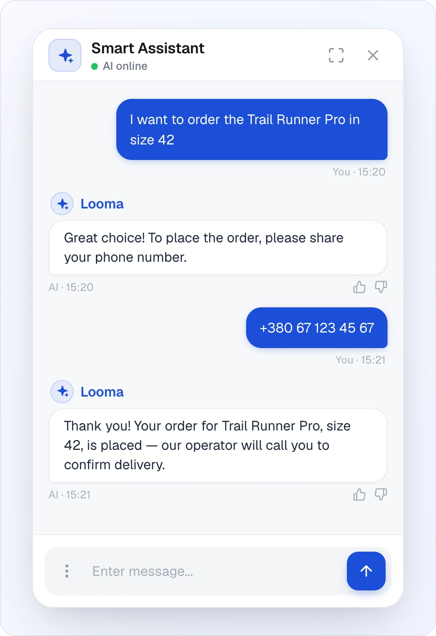 The Smart Assistant widget window: the customer writes "I want to order the Trail Runner Pro in size 42", the AI asks for a phone number, the customer sends +380 67 123 45 67, and the AI confirms the order is placed and an operator will call to confirm delivery