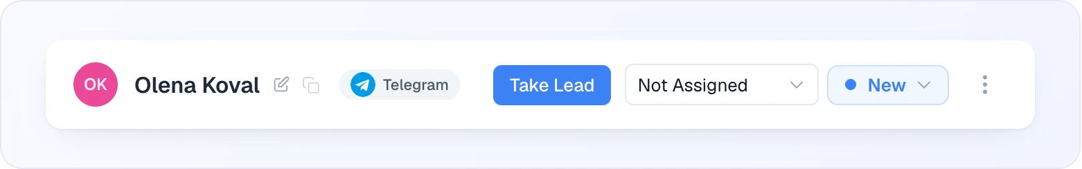 The lead card header: avatar and name with edit and copy icons, the Telegram source badge, the Take Lead button, the Not Assigned operator dropdown, the New status dropdown and the ⋮ menu