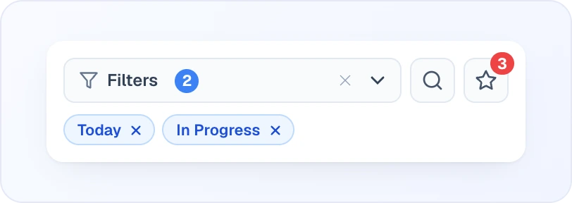 The leads toolbar: the Filters pill with a count of 2, the clear cross and the arrow, the magnifier button, the star button with a red badge of 3 new leads, and the active filter chips Today and In Progress