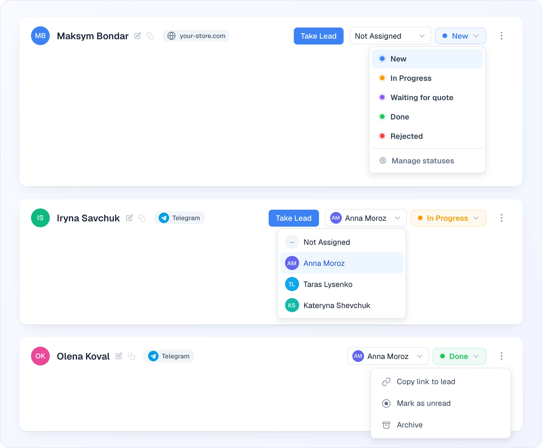 Three lead headers with their menus open: the status menu with New, In Progress, a custom Waiting for quote, Done, Rejected and Manage statuses at the bottom; the operator menu with Not Assigned and three teammates, the current one highlighted; and the ⋮ menu with Copy link to lead, Mark as unread and Archive